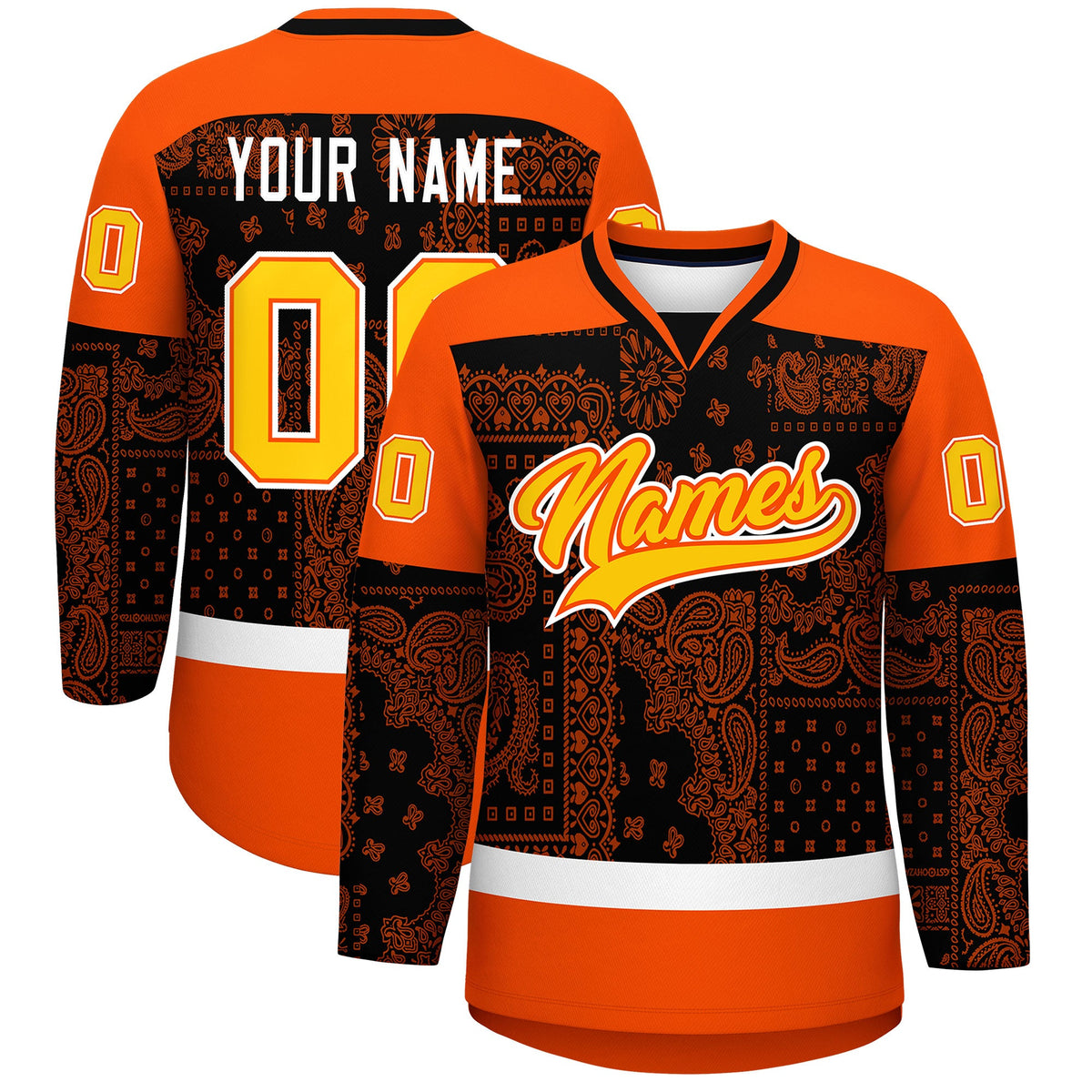 Custom Orange White Black Cashew Flower Graffiti Pattern V-Neck Hockey Jersey| KXKSHOP