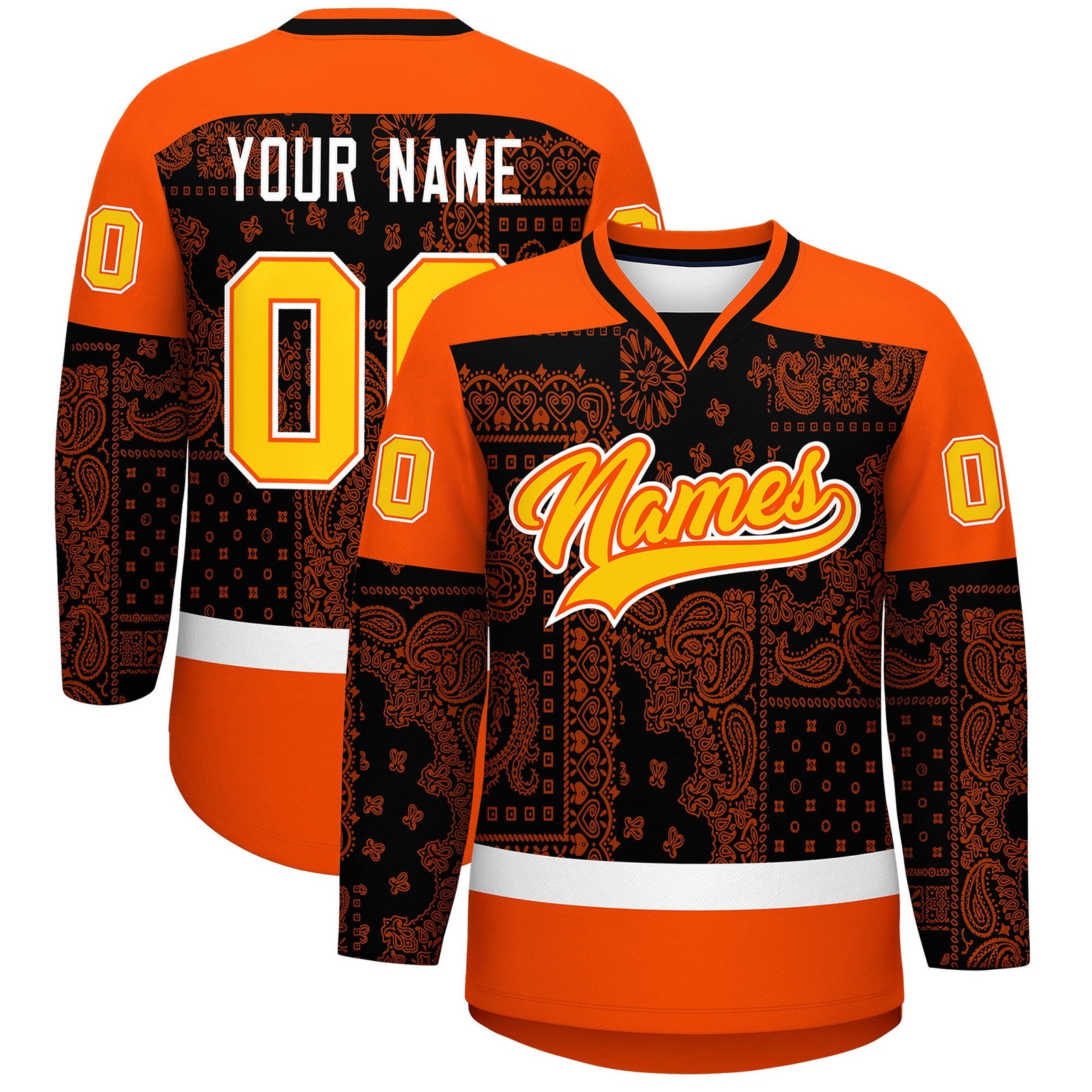 Custom Orange White Black Cashew Flower Graffiti Pattern V-Neck Hockey Jersey| KXKSHOP