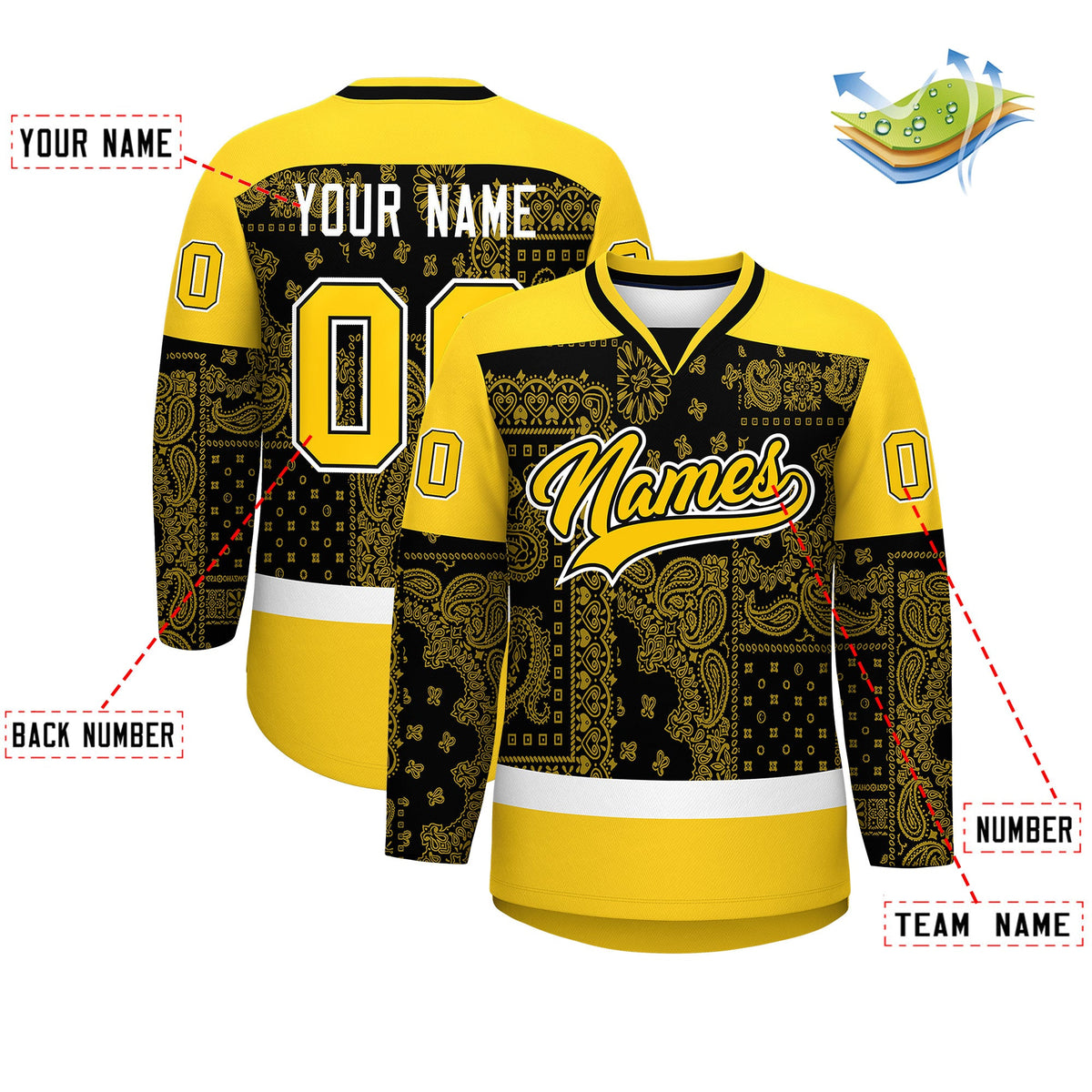 Custom Gold White Black Cashew Flower Graffiti Pattern V-Neck Hockey Jersey| KXKSHOP