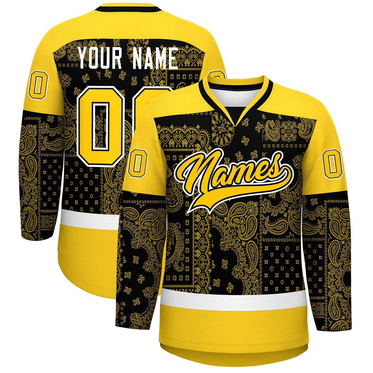 Custom Gold White Black Cashew Flower Graffiti Pattern V-Neck Hockey Jersey| KXKSHOP