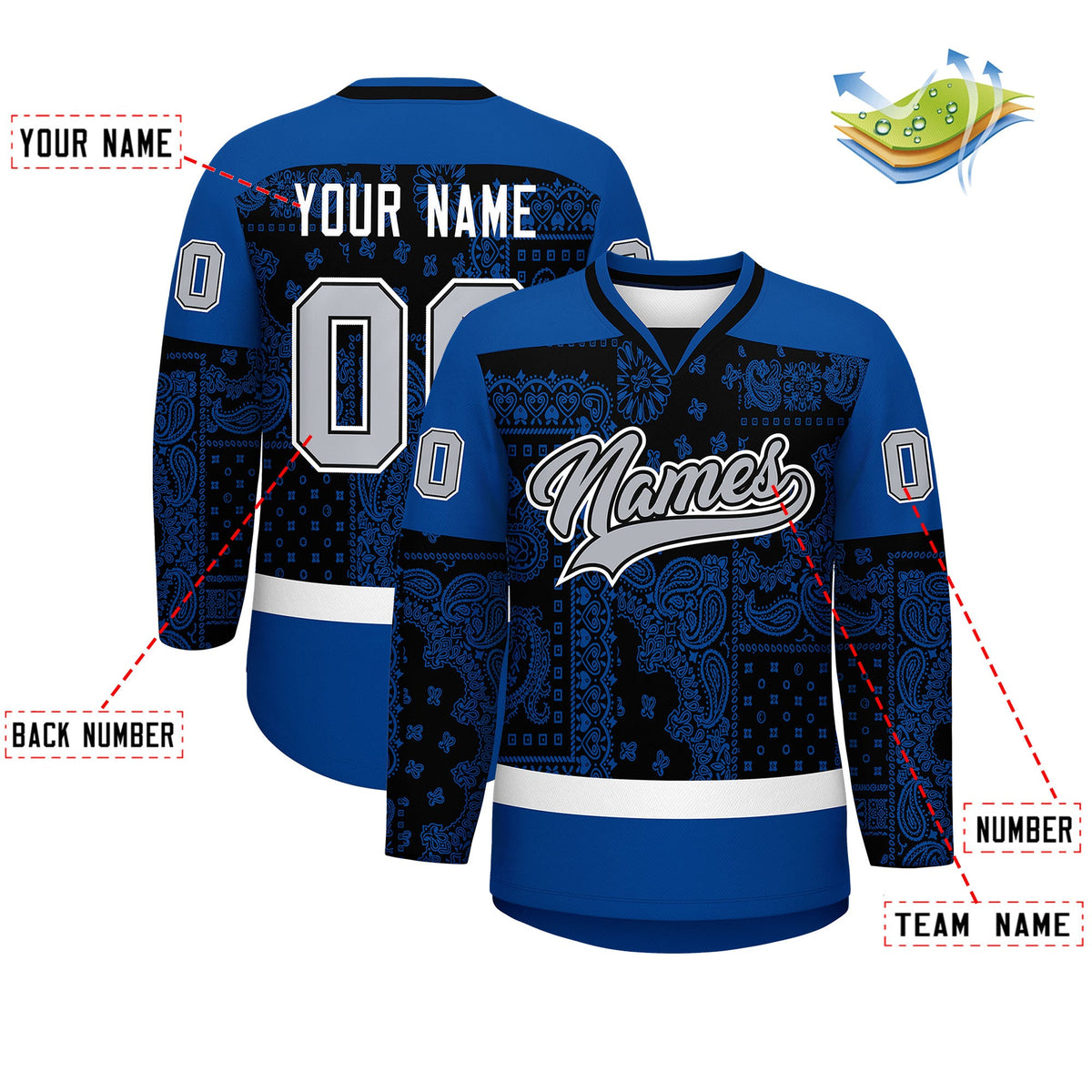 Custom Royal White Black Cashew Flower Graffiti Pattern V-Neck Hockey Jersey| KXKSHOP