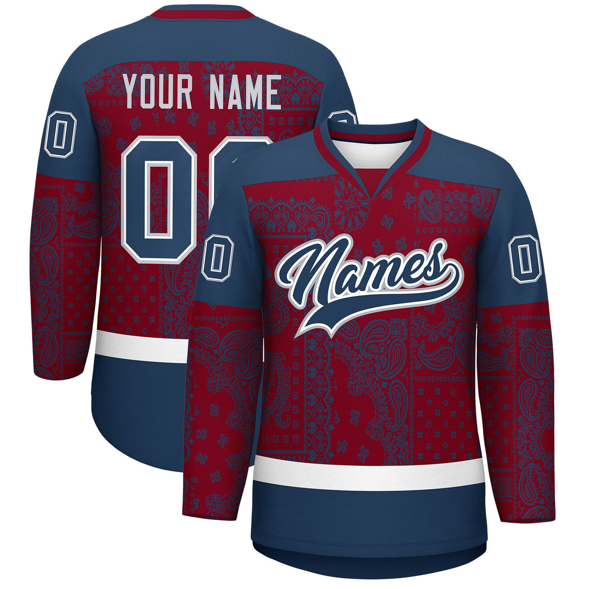 Custom Midnight Blue Crimson White Cashew Flower Graffiti Pattern V-Neck Hockey Jersey| KXKSHOP