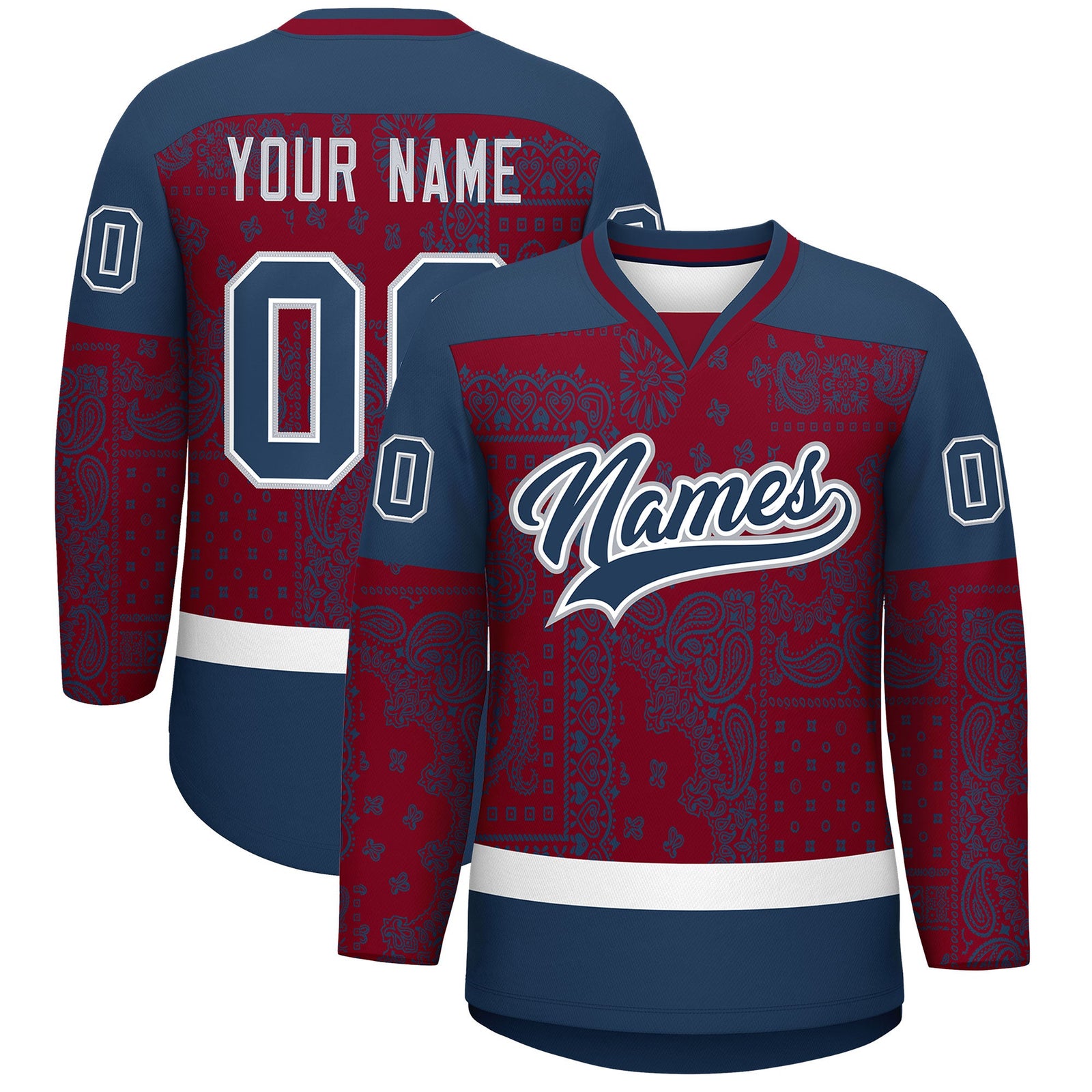 Custom Midnight Blue Crimson White Cashew Flower Graffiti Pattern V-Neck Hockey Jersey| KXKSHOP