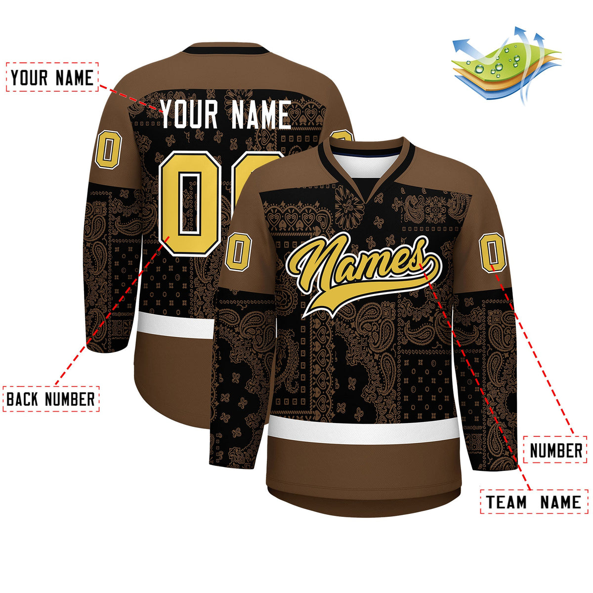 Custom Light Brown Black White Cashew Flower Graffiti Pattern V-Neck Hockey Jersey| KXKSHOP