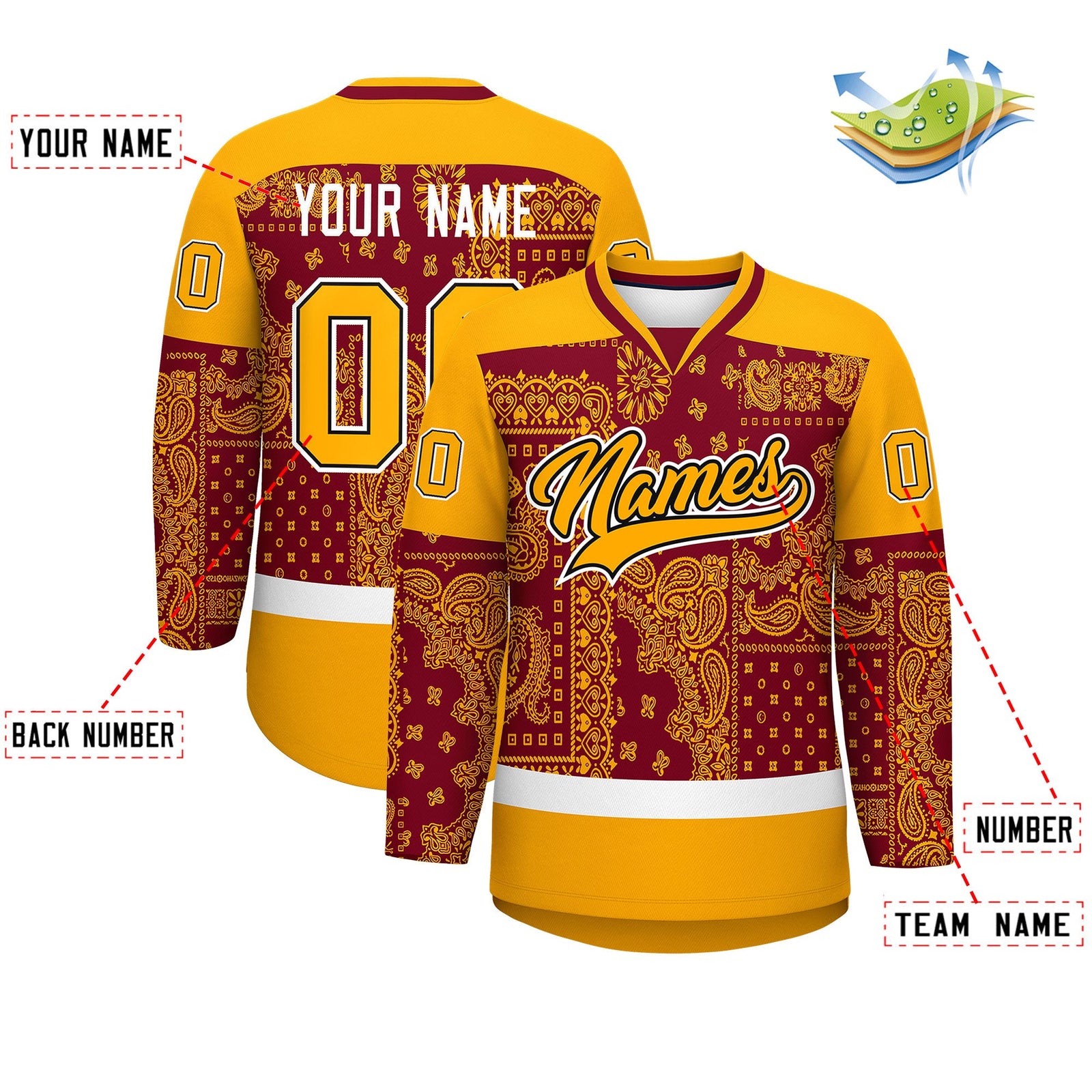 Custom Yellow Crimson White Cashew Flower Graffiti Pattern V-Neck Hockey Jersey| KXKSHOP