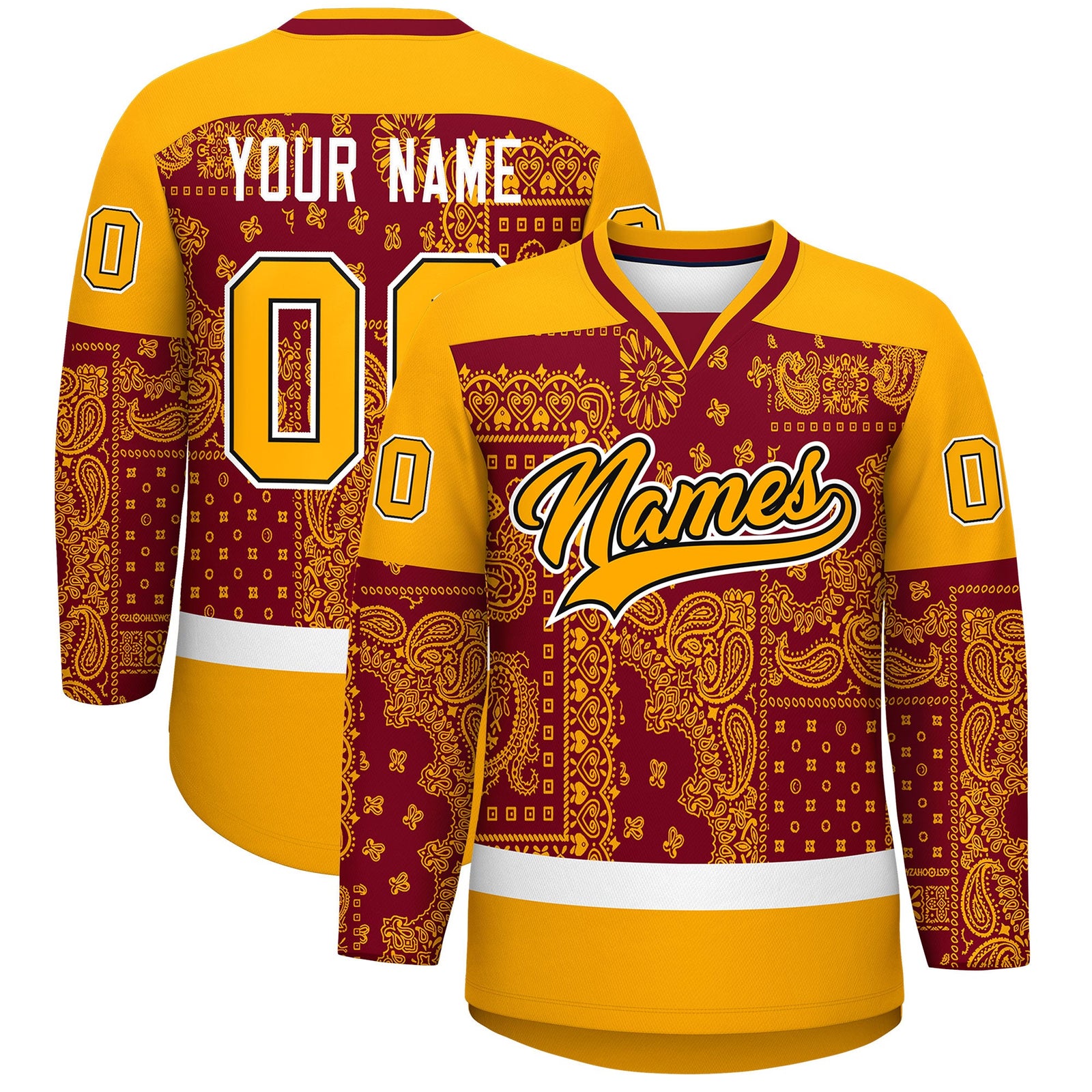 Custom Yellow Crimson White Cashew Flower Graffiti Pattern V-Neck Hockey Jersey| KXKSHOP