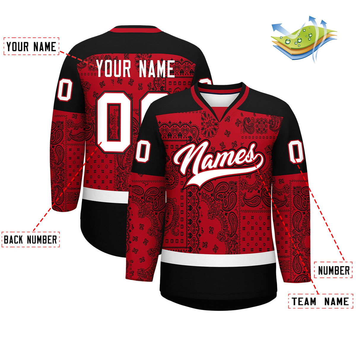 Custom Black Red White Cashew Flower Graffiti Pattern V-Neck Hockey Jersey| KXKSHOP