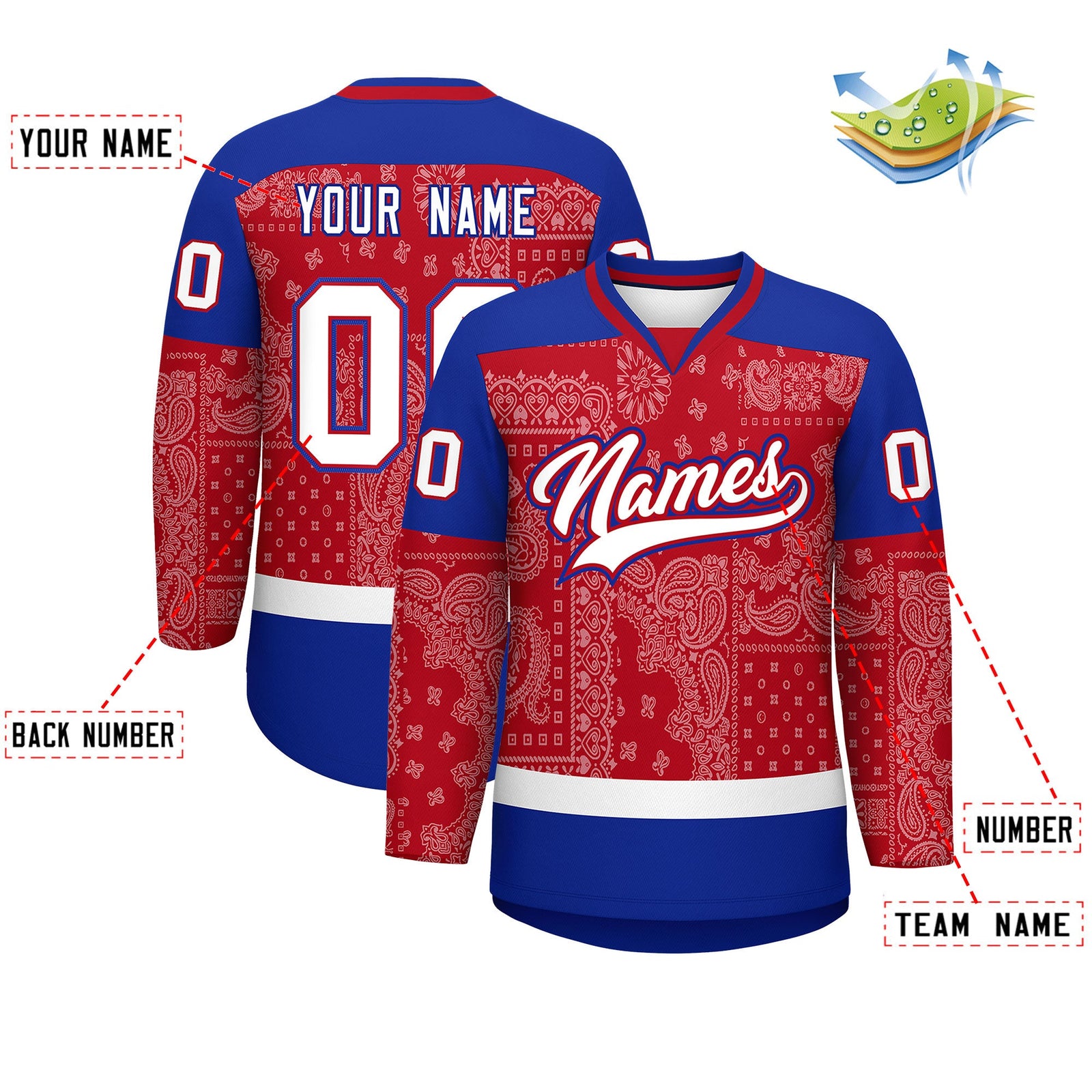 Custom Royal White Red Cashew Flower Graffiti Pattern V-Neck Hockey Jersey| KXKSHOP
