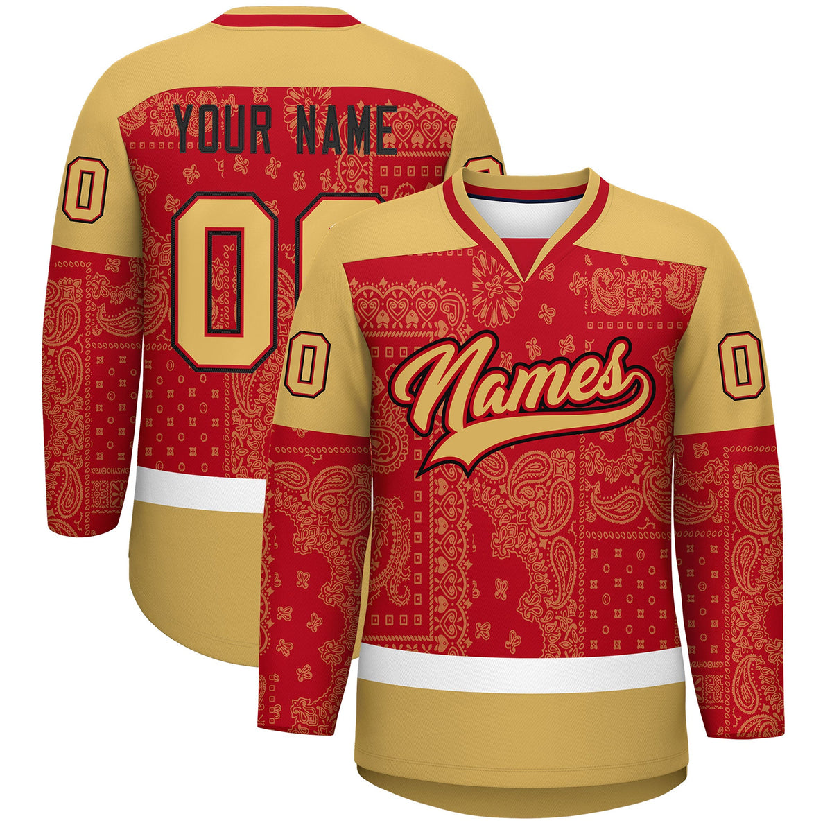 Custom Old Gold Red White Cashew Flower Graffiti Pattern V-Neck Hockey Jersey| KXKSHOP