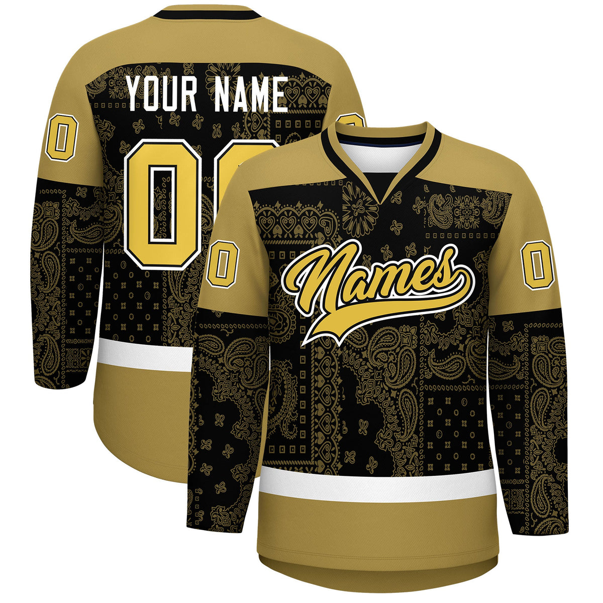 Custom Old Gold Black White Cashew Flower Graffiti Pattern V-Neck Hockey Jersey| KXKSHOP