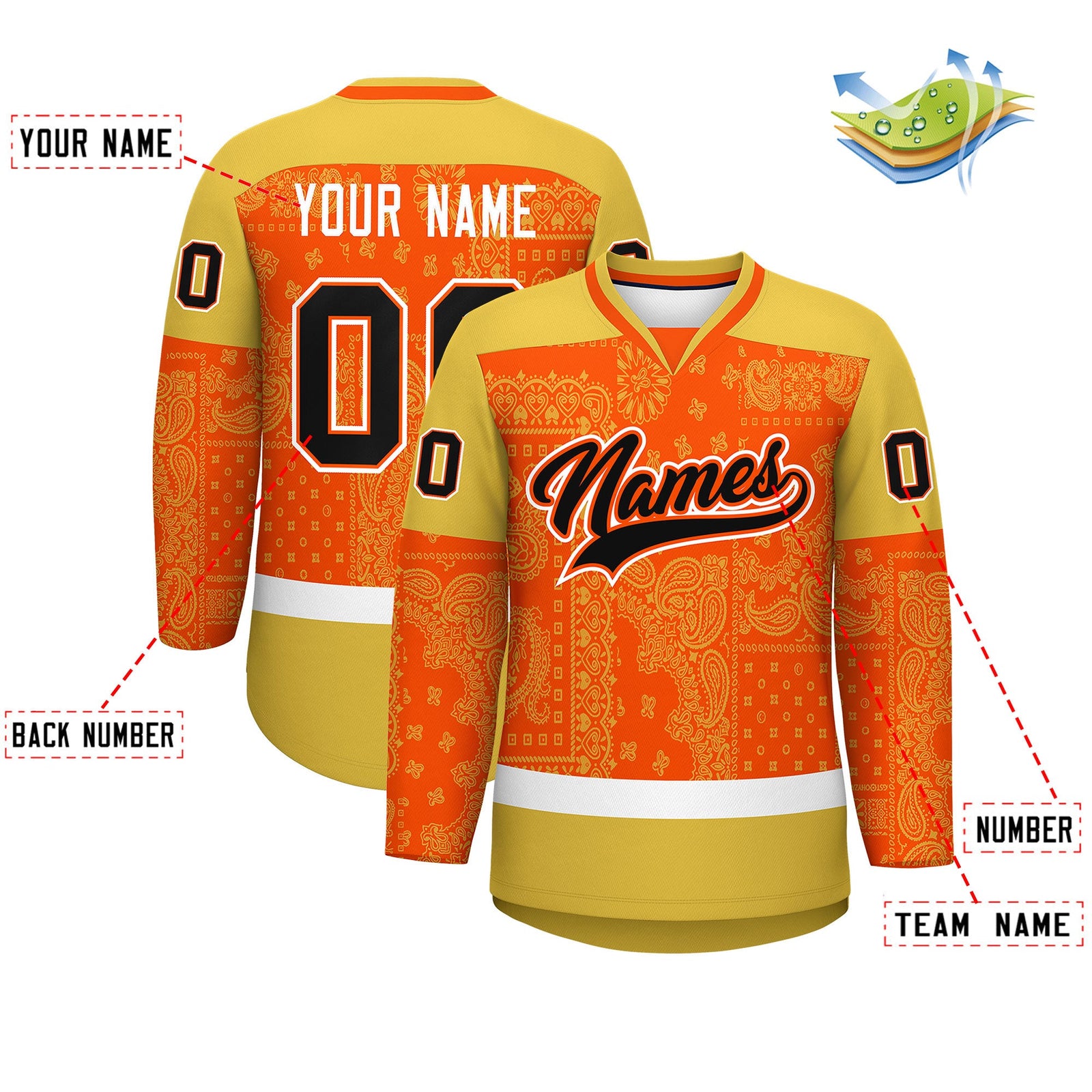 Custom Old Gold Orange White Cashew Flower Graffiti Pattern V-Neck Hockey Jersey| KXKSHOP