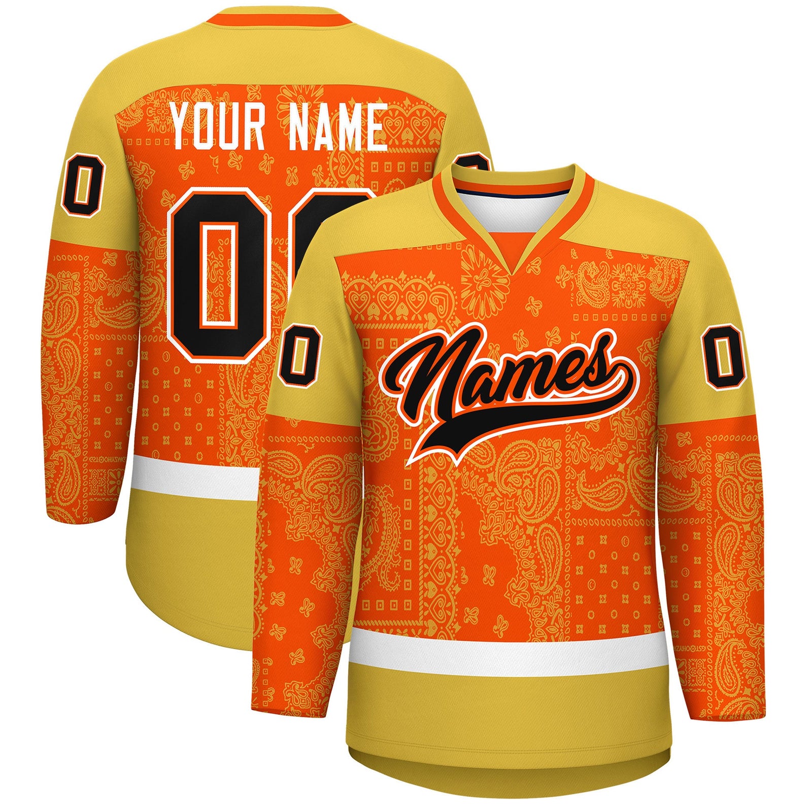 Custom Old Gold Orange White Cashew Flower Graffiti Pattern V-Neck Hockey Jersey| KXKSHOP