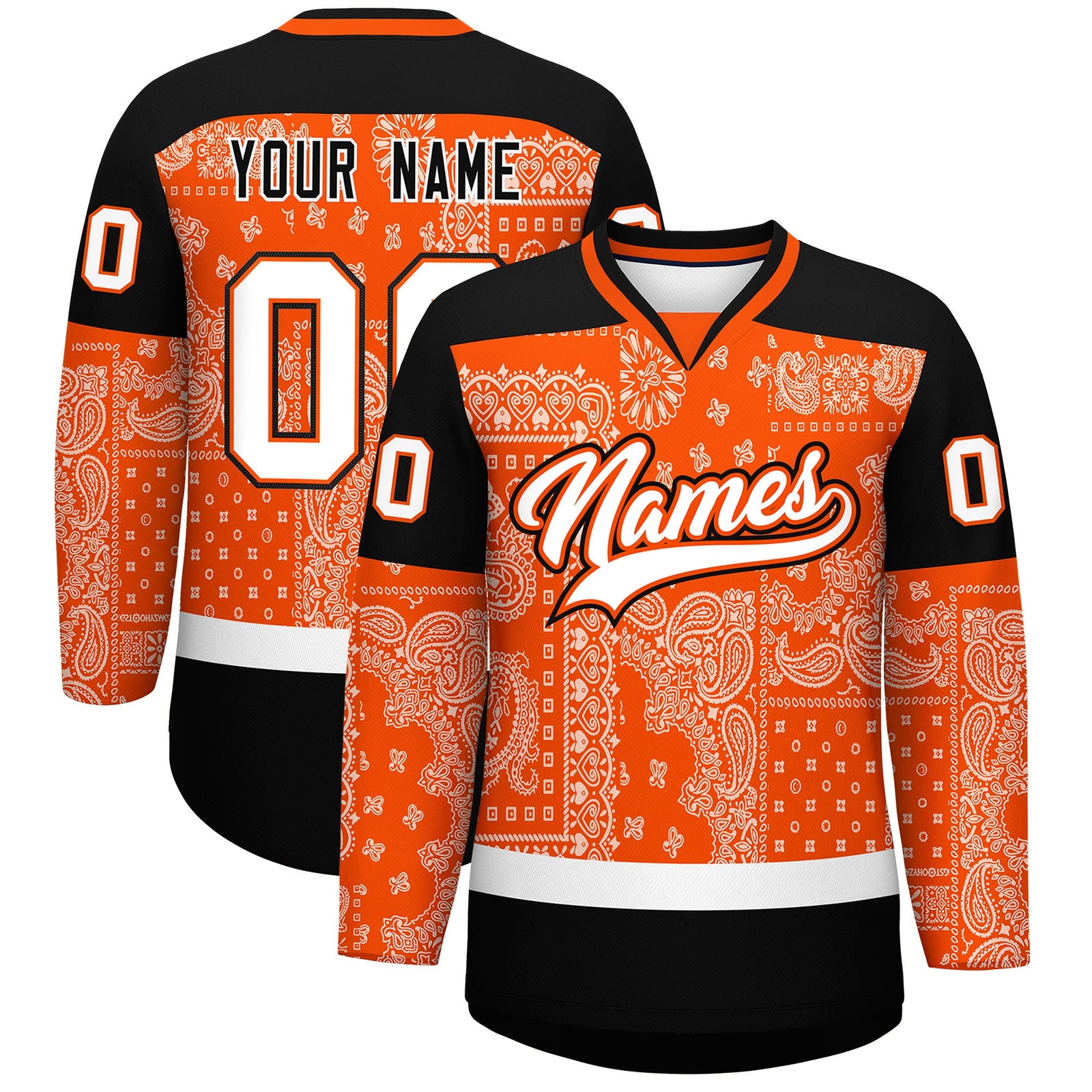Custom Black Orange White Cashew Flower Graffiti Pattern V-Neck Hockey Jersey| KXKSHOP