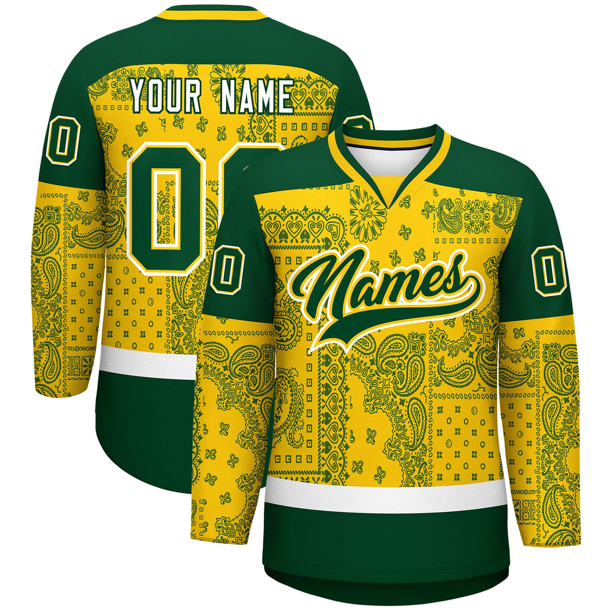 Custom Gold Green White Cashew Flower Graffiti Pattern V-Neck Hockey Jersey| KXKSHOP