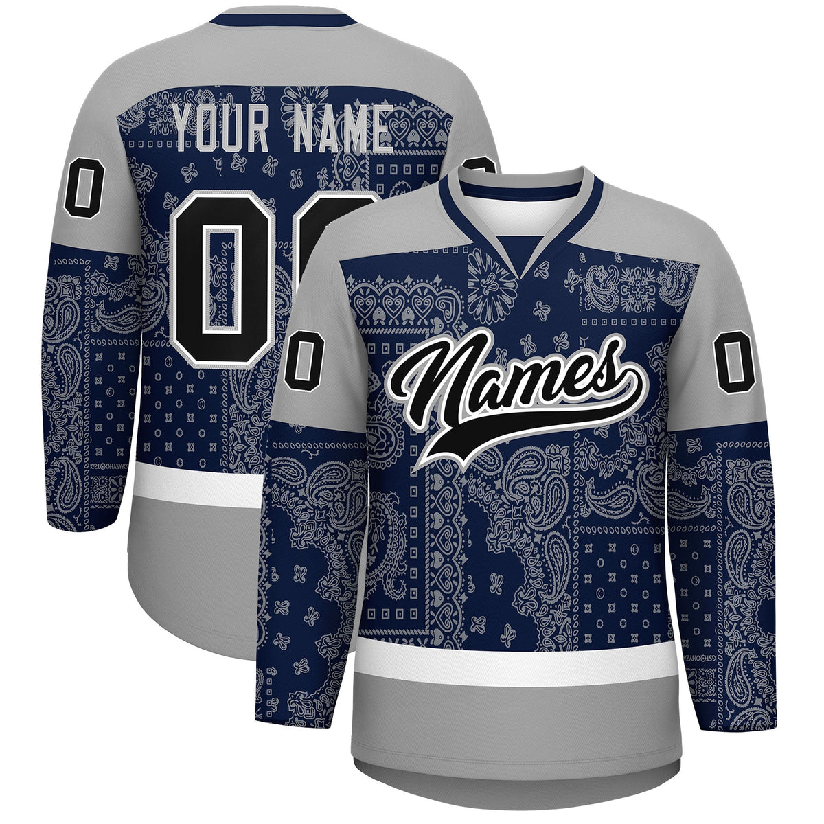 Custom Gray Navy White Cashew Flower Graffiti Pattern V-Neck Hockey Jersey| KXKSHOP