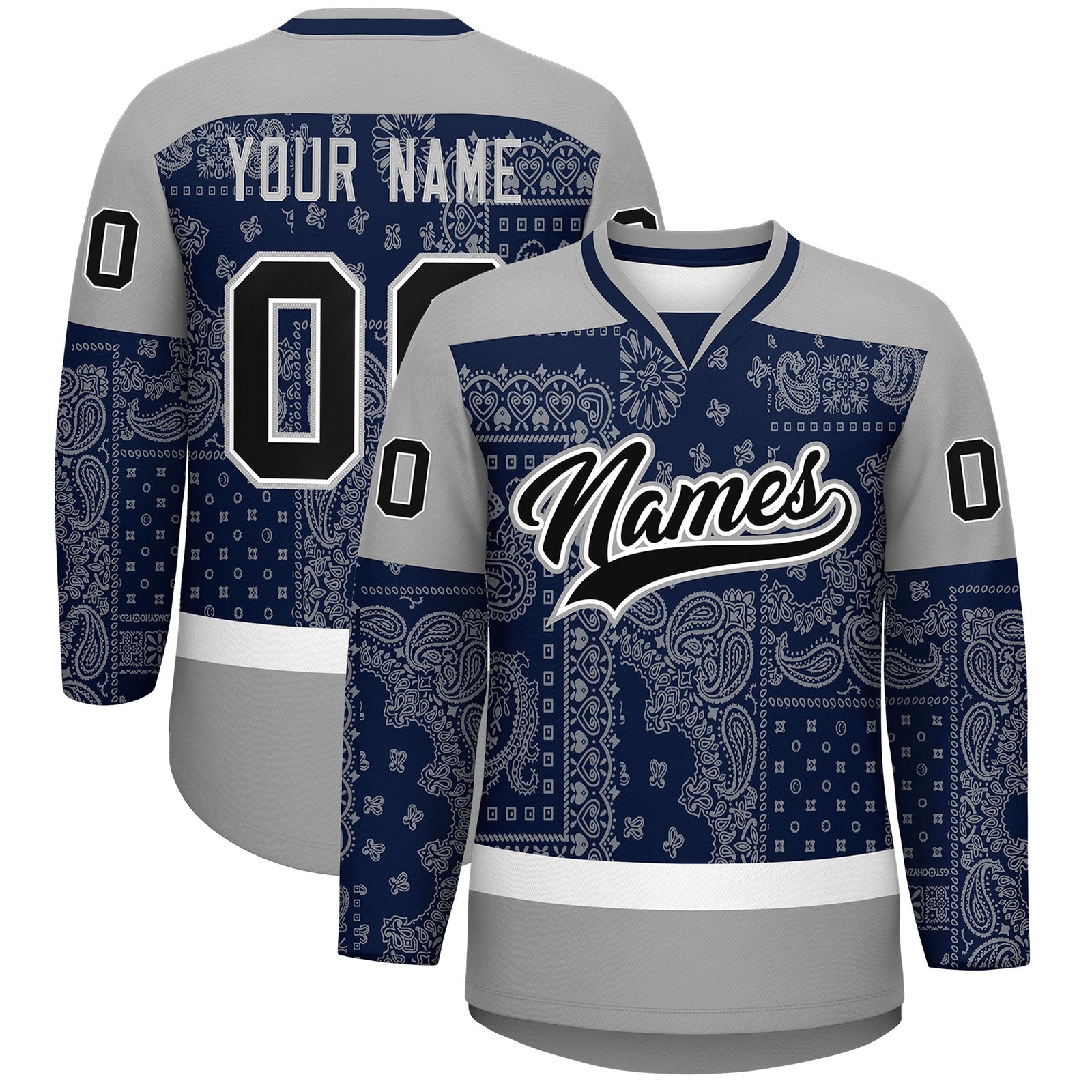 Custom Gray Navy White Cashew Flower Graffiti Pattern V-Neck Hockey Jersey| KXKSHOP