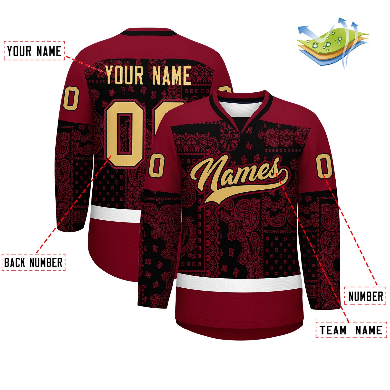 Custom Crimson Black White Cashew Flower Graffiti Pattern V-Neck Hockey Jersey| KXKSHOP