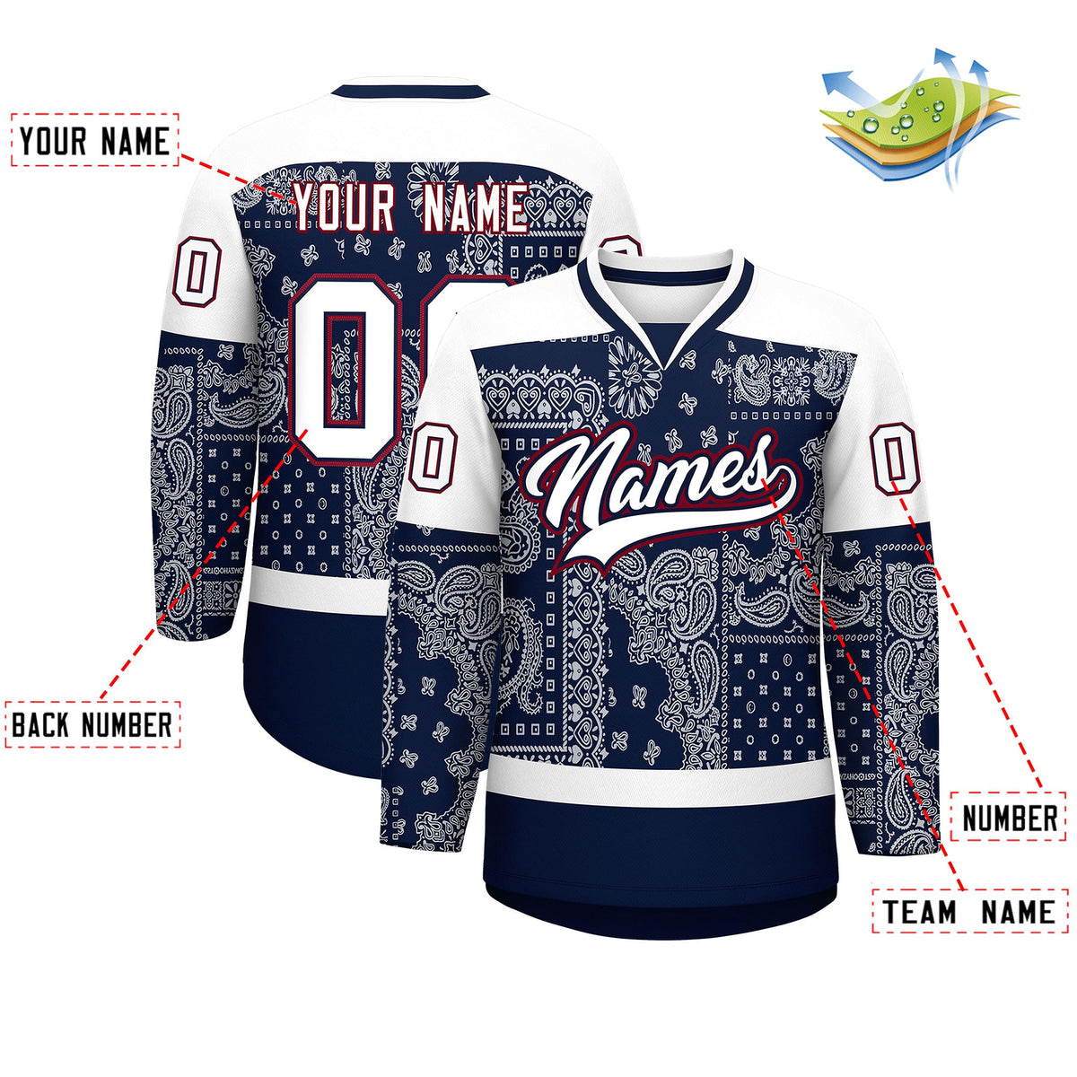 Custom White Navy Crimson Cashew Flower Graffiti Pattern V-Neck Hockey Jersey| KXKSHOP