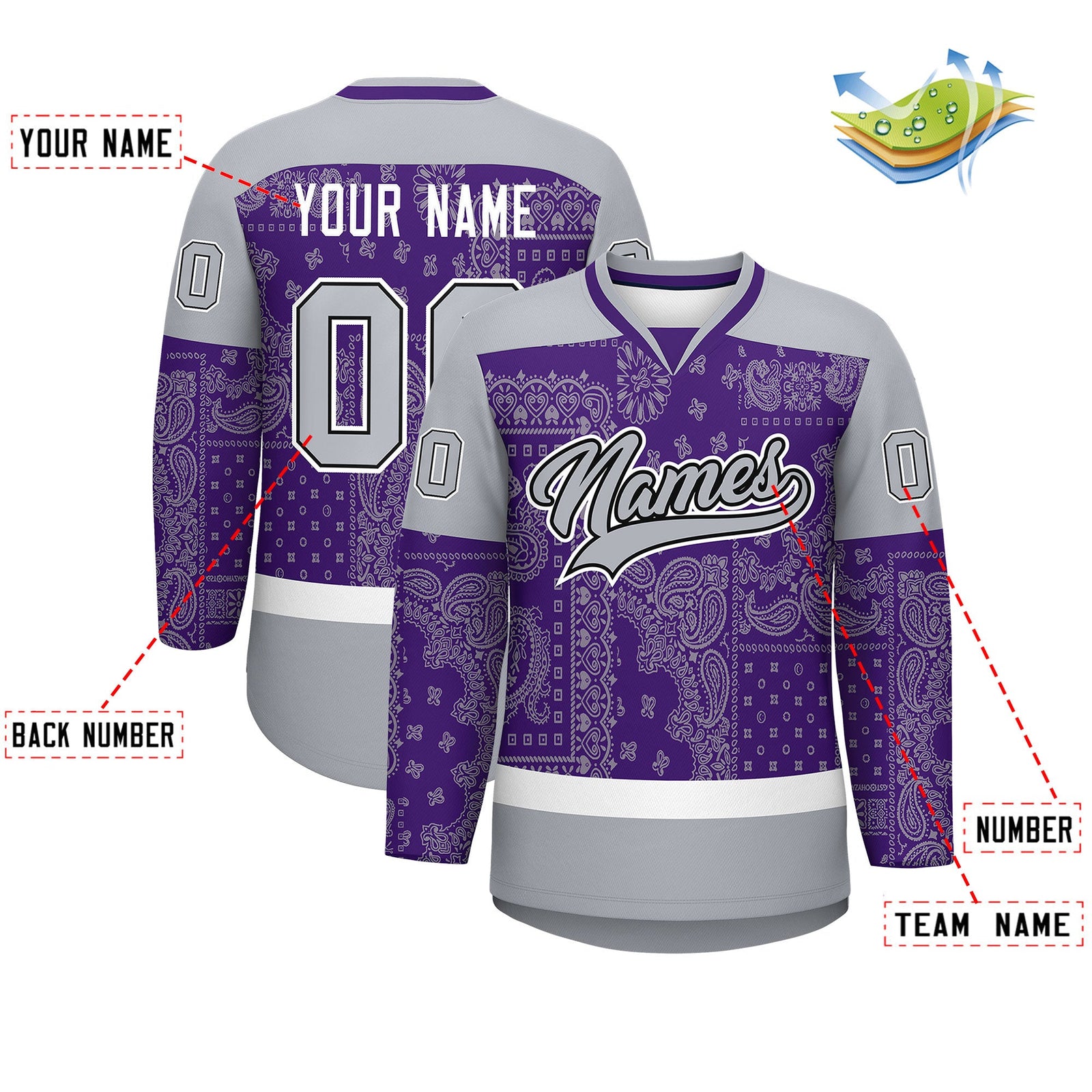 Custom Gray Purple White Cashew Flower Graffiti Pattern V-Neck Hockey Jersey| KXKSHOP