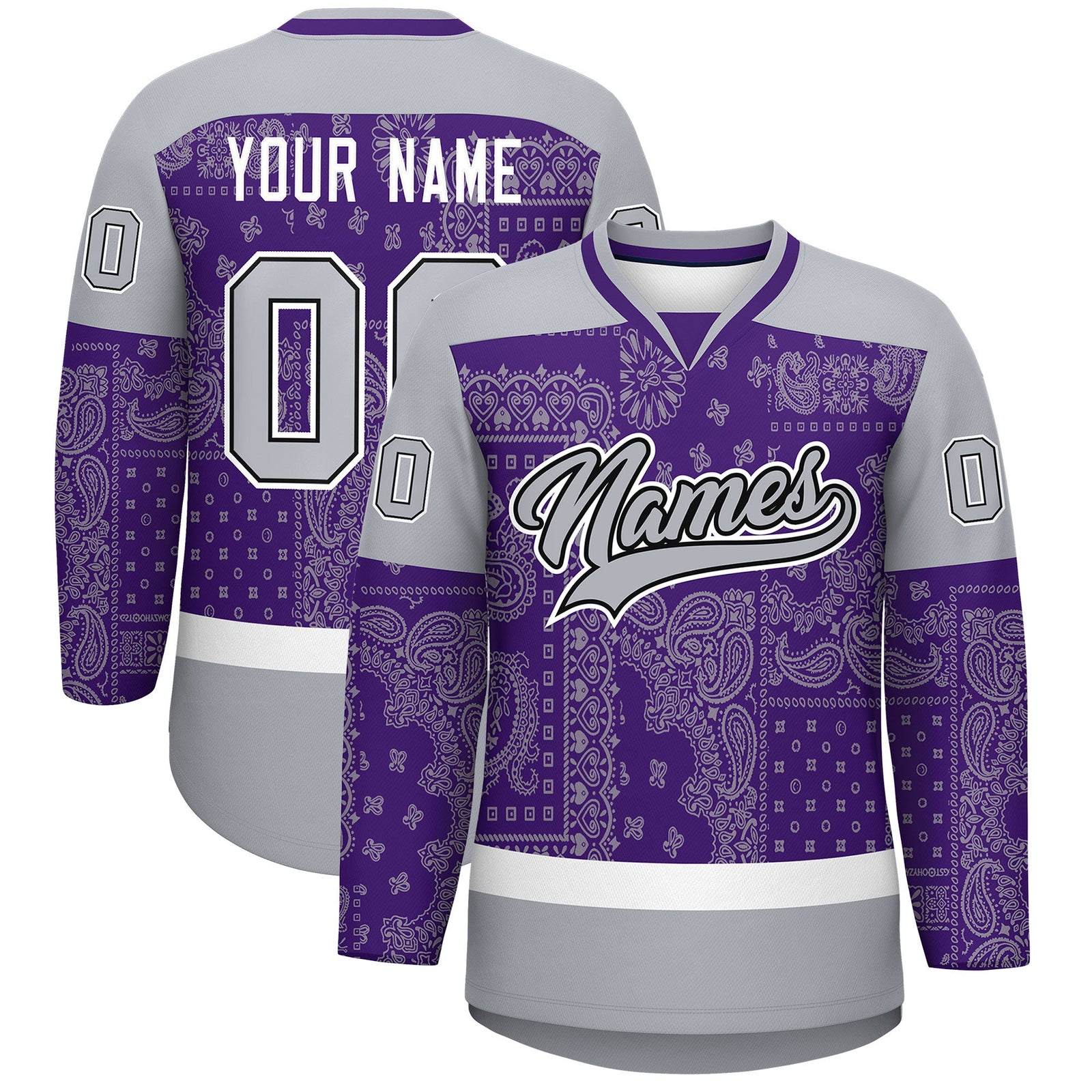 Custom Gray Purple White Cashew Flower Graffiti Pattern V-Neck Hockey Jersey| KXKSHOP