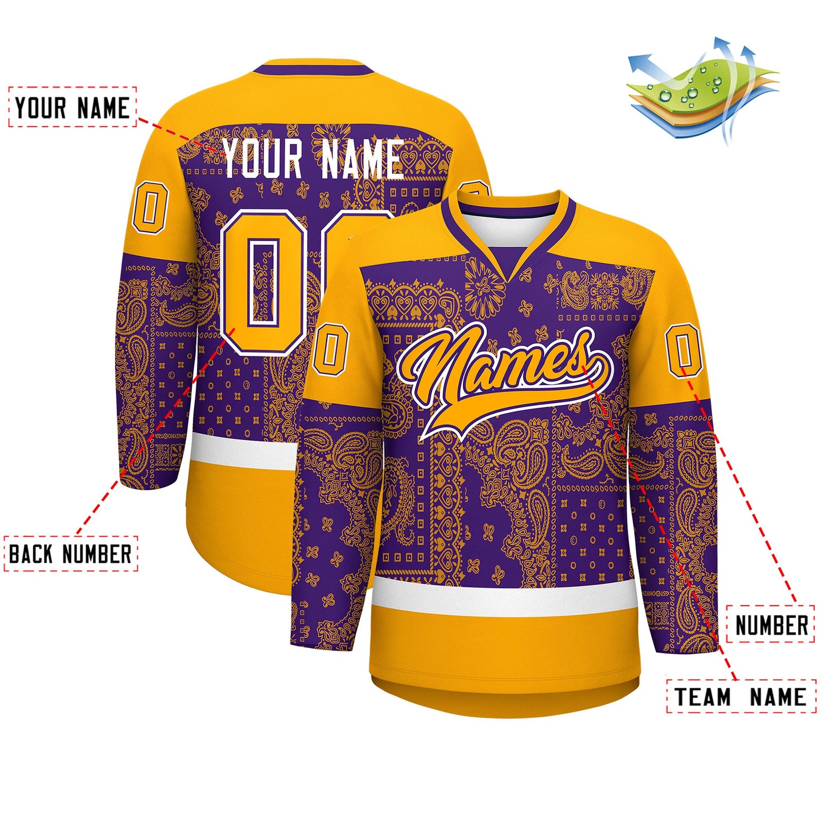 Custom Yellow Purple White Cashew Flower Graffiti Pattern V-Neck Hockey Jersey| KXKSHOP