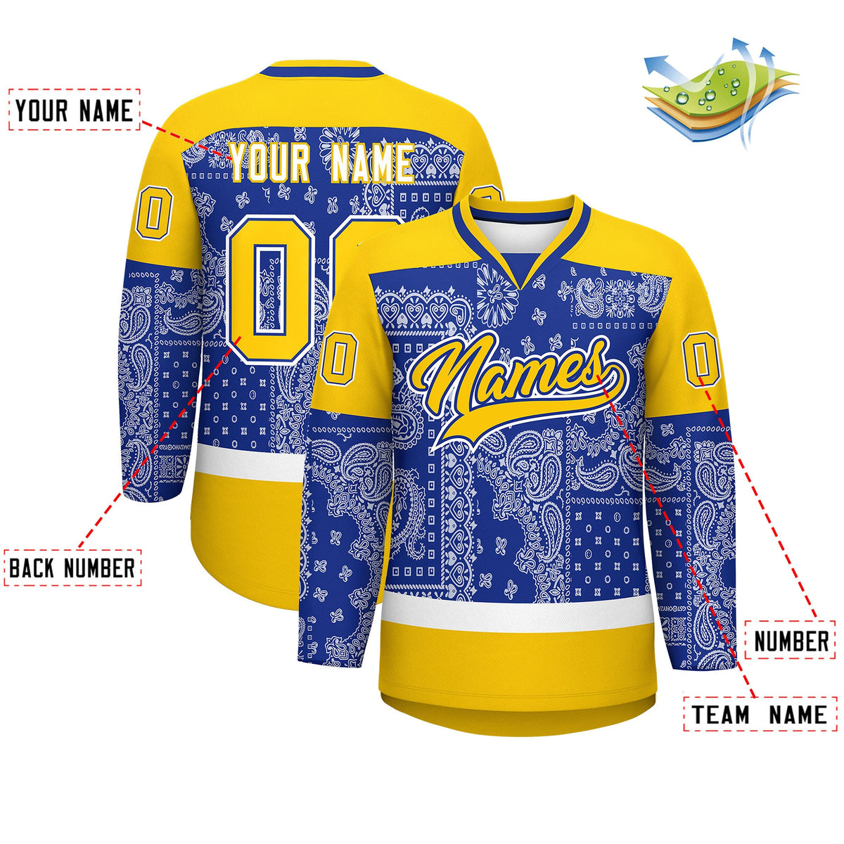 Custom Gold Royal White Cashew Flower Graffiti Pattern V-Neck Hockey Jersey| KXKSHOP