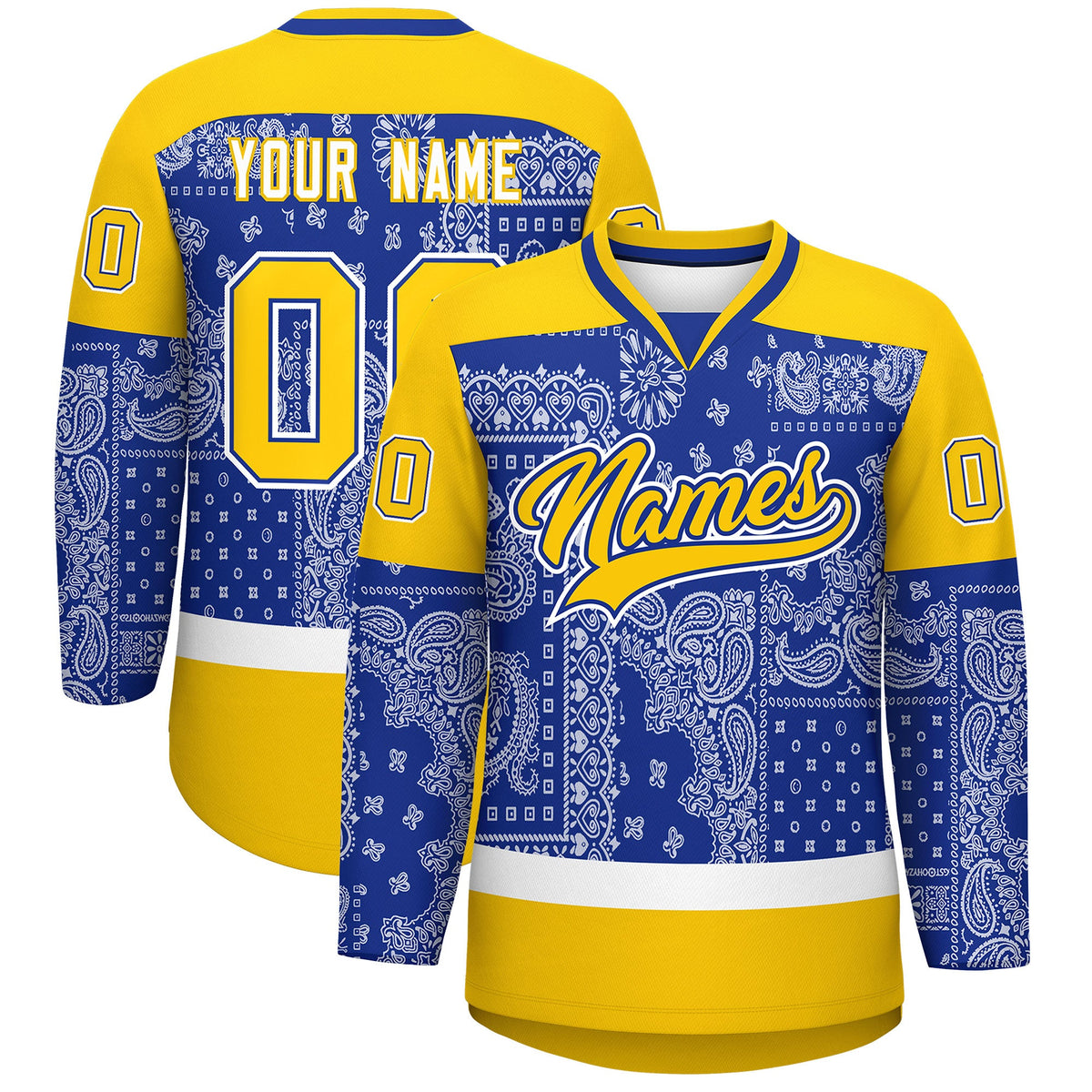 Custom Gold Royal White Cashew Flower Graffiti Pattern V-Neck Hockey Jersey| KXKSHOP