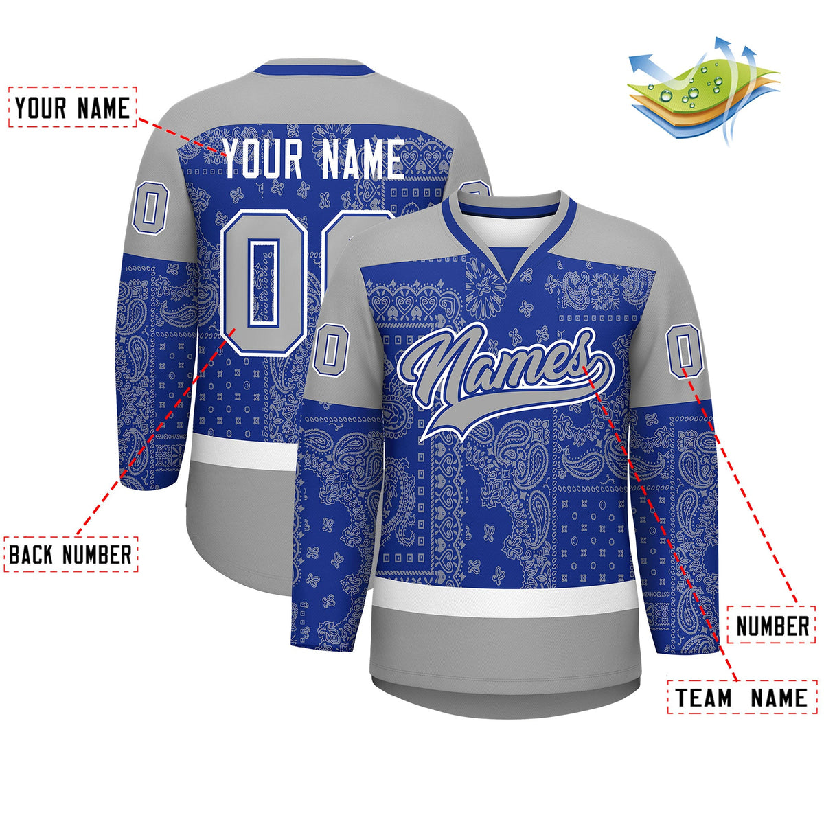 Custom Gray Royal White Cashew Flower Graffiti Pattern V-Neck Hockey Jersey| KXKSHOP