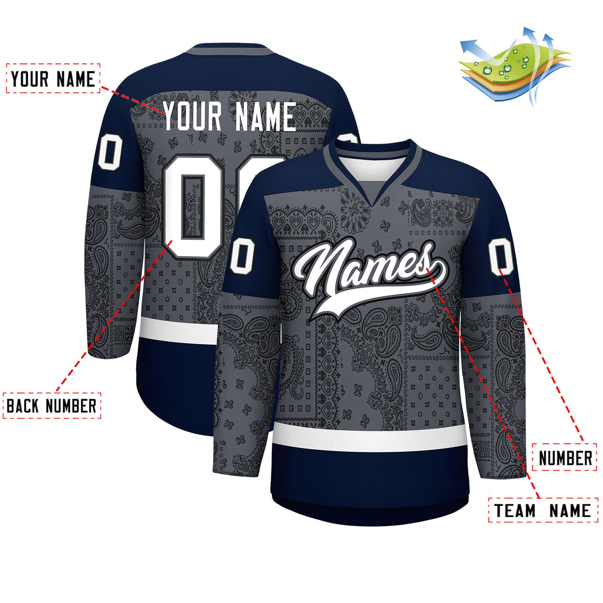 Custom Black Dark Gray White Cashew Flower Graffiti Pattern V-Neck Hockey Jersey| KXKSHOP