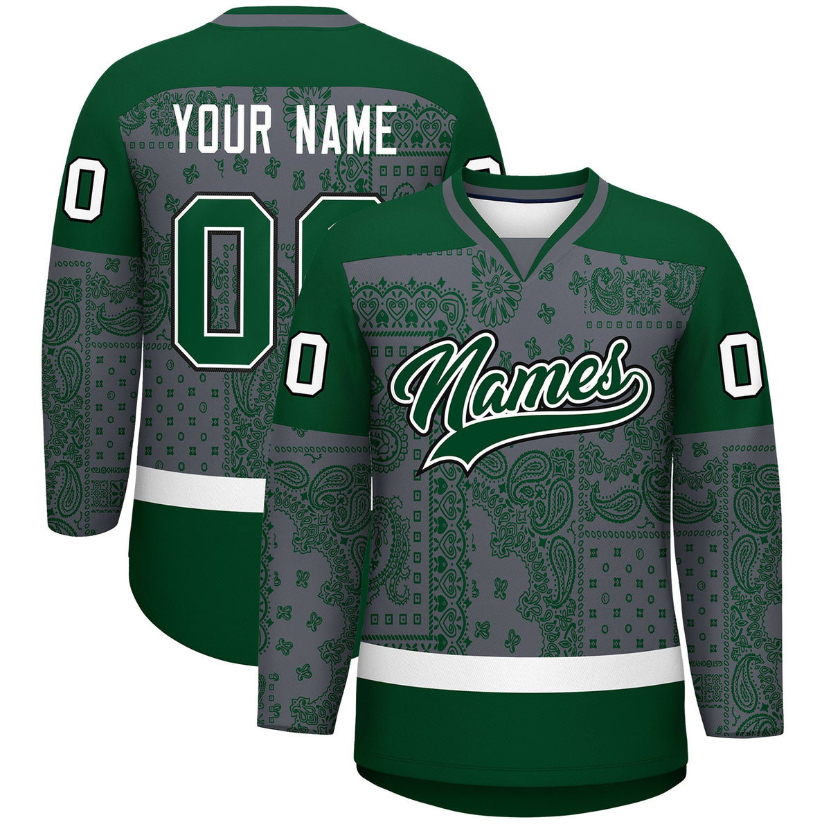 Custom Green Dark Gray White Cashew Flower Graffiti Pattern V-Neck Hockey Jersey| KXKSHOP
