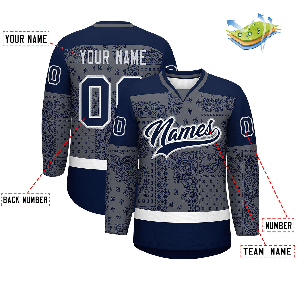Custom Navy Dark Gray White Cashew Flower Graffiti Pattern V-Neck Hockey Jersey| KXKSHOP