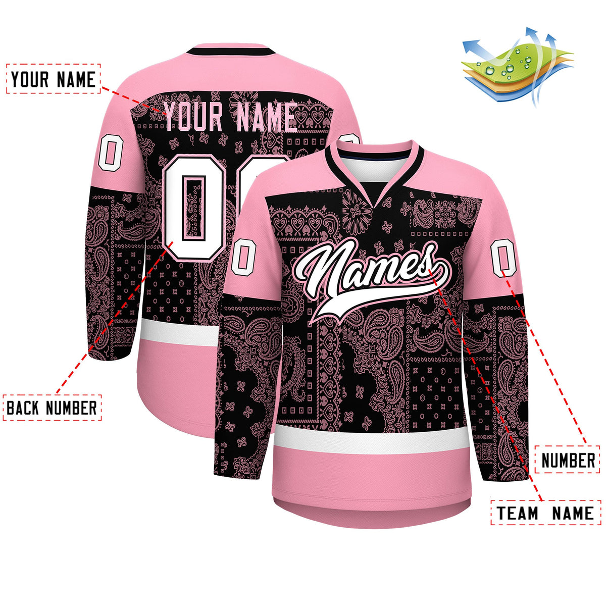 Custom Light Pink Black White Cashew Flower Graffiti Pattern V-Neck Hockey Jersey| KXKSHOP