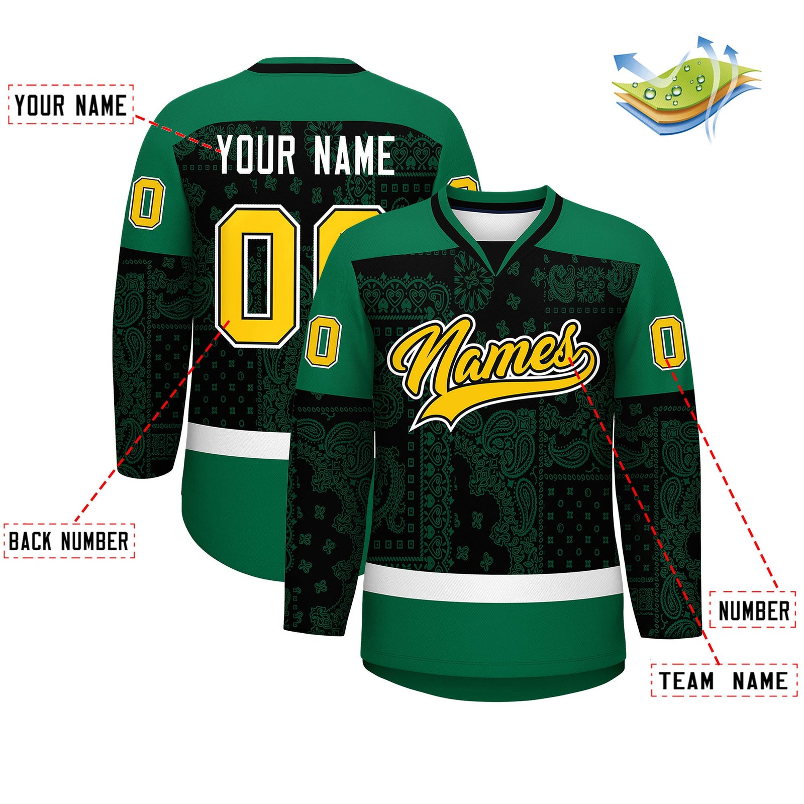 Custom Kelly Green Black White Cashew Flower Graffiti Pattern V-Neck Hockey Jersey| KXKSHOP