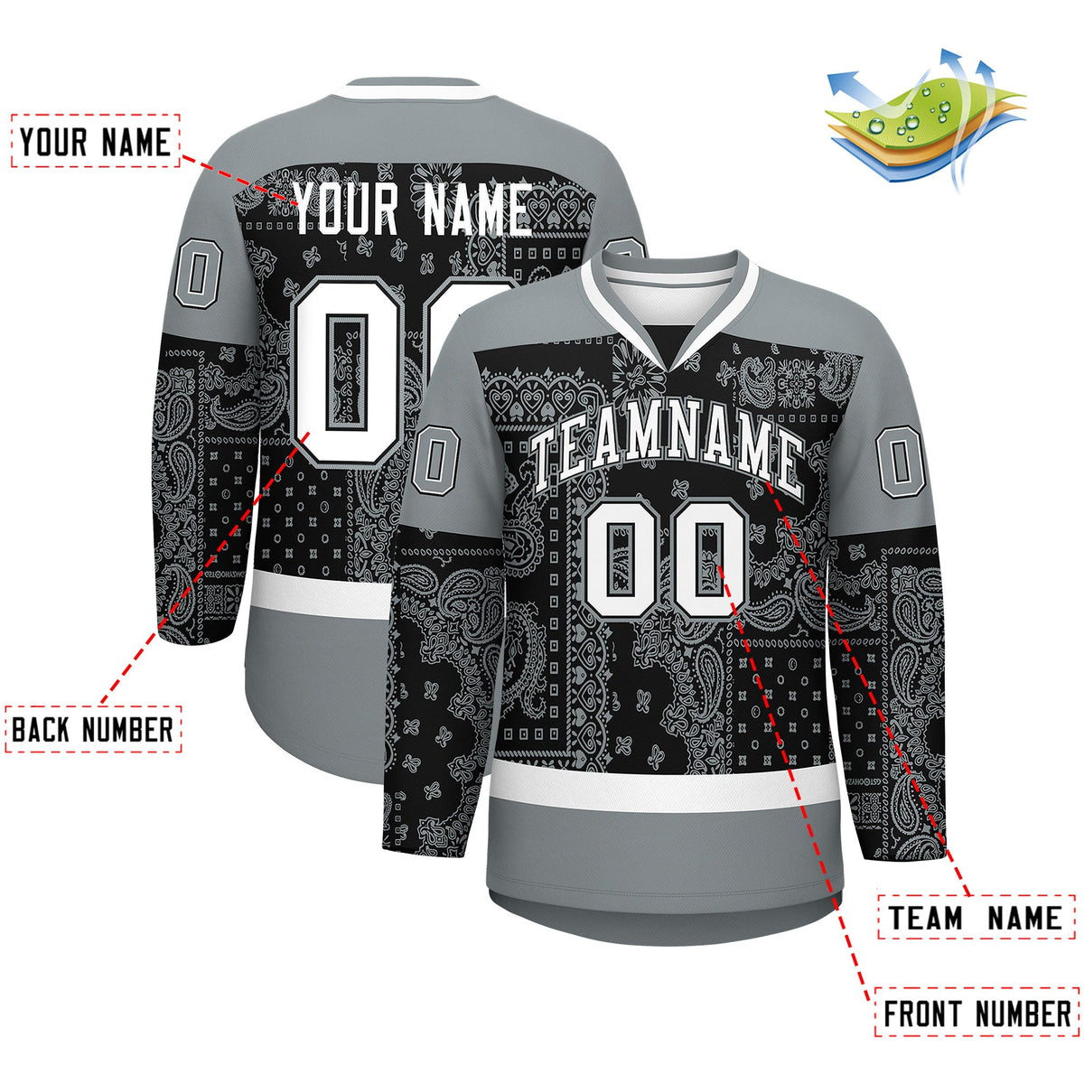 Custom Silver Gray White Black Cashew Flower Graffiti Pattern V-Neck Hockey Jersey| KXKSHOP