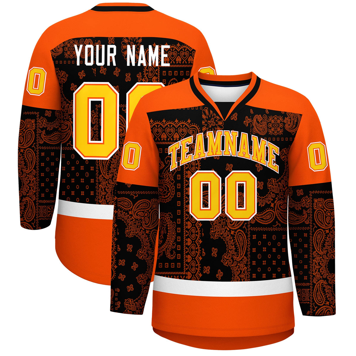 Custom Orange White Black Cashew Flower Graffiti Pattern V-Neck Hockey Jersey| KXKSHOP