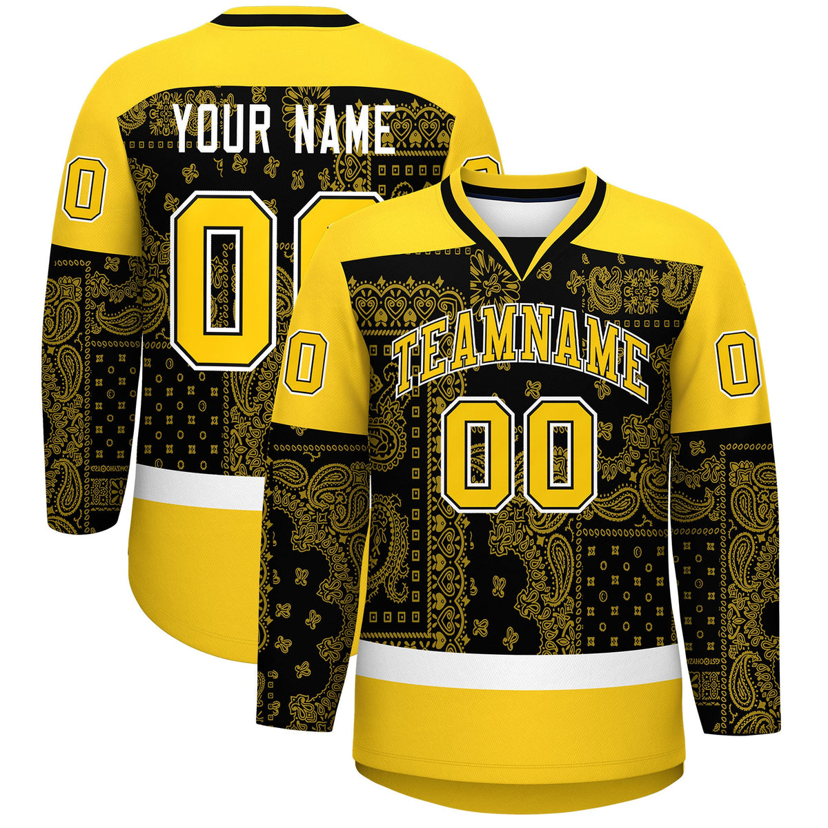 Custom Gold White Black Cashew Flower Graffiti Pattern V-Neck Hockey Jersey| KXKSHOP