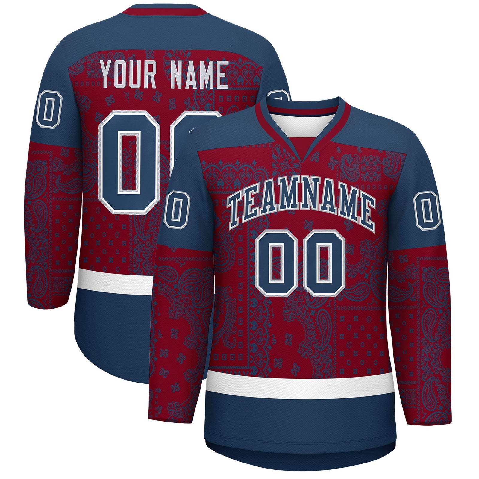 Custom Midnight Blue Crimson White Cashew Flower Graffiti Pattern V-Neck Hockey Jersey| KXKSHOP