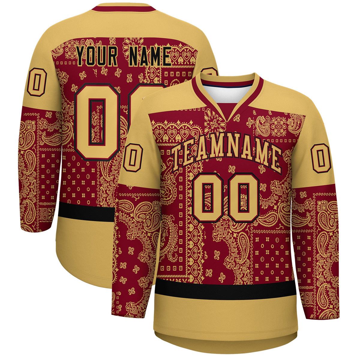 Custom Old Gold Crimson Black Cashew Flower Graffiti Pattern V-Neck Hockey Jersey| KXKSHOP