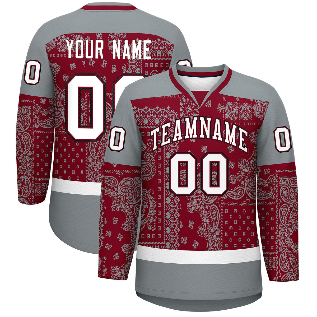 Custom Silver Gray Crimson White Cashew Flower Graffiti Pattern V-Neck Hockey Jersey| KXKSHOP