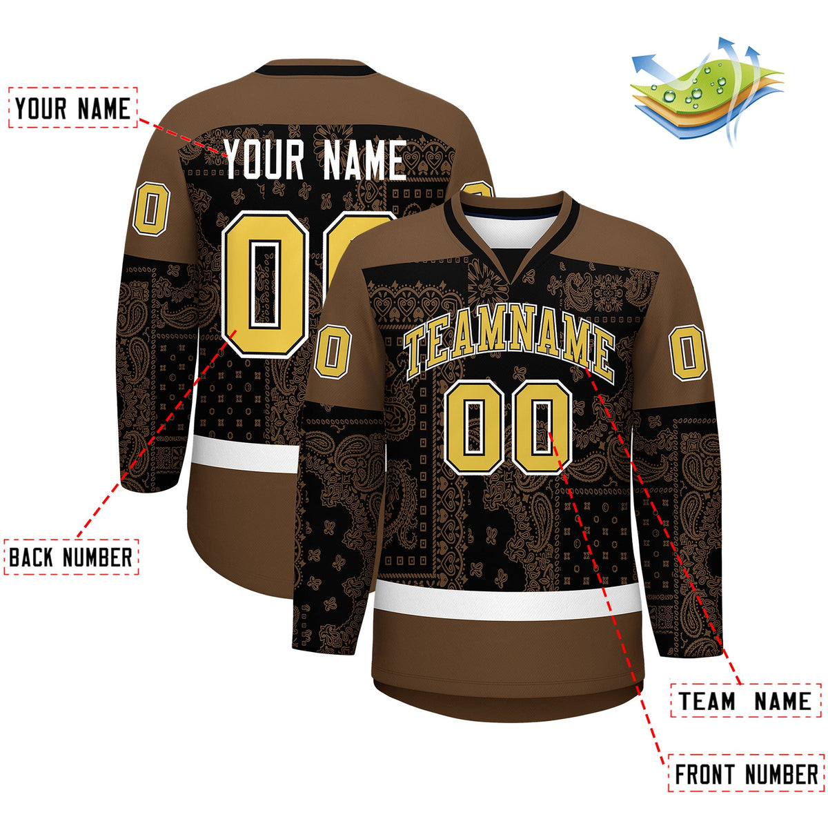 Custom Light Brown Black White Cashew Flower Graffiti Pattern V-Neck Hockey Jersey| KXKSHOP