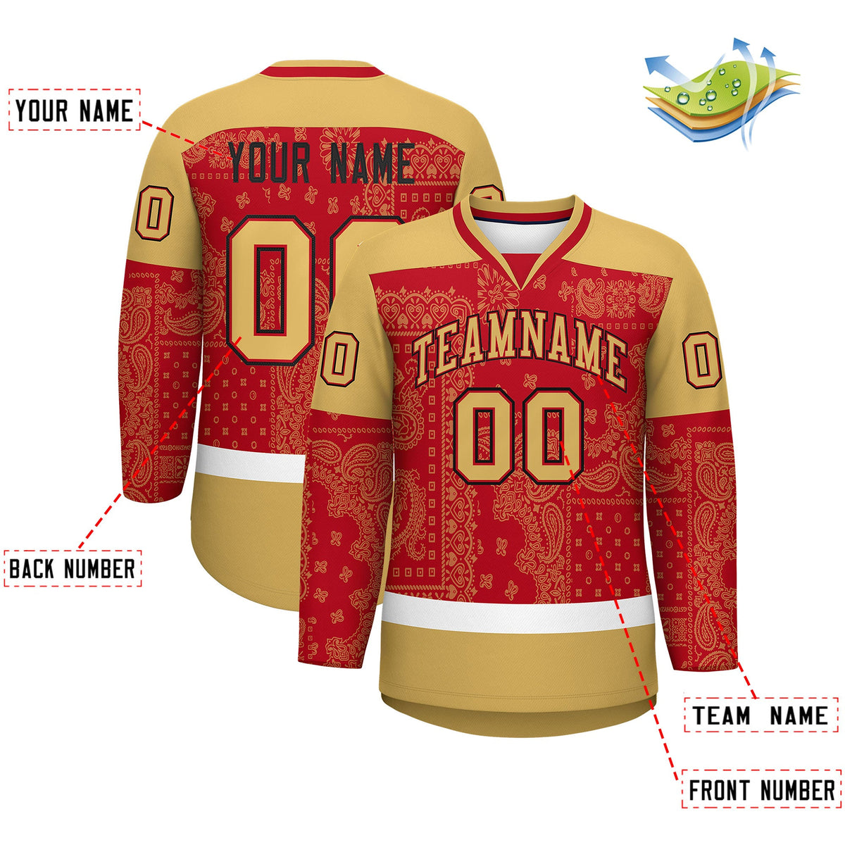 Custom Old Gold Red White Cashew Flower Graffiti Pattern V-Neck Hockey Jersey| KXKSHOP