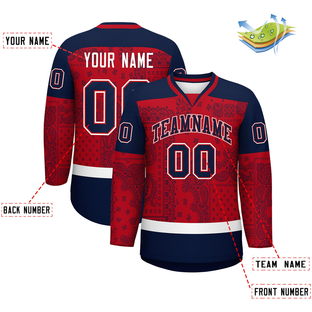 Custom Navy Red White Cashew Flower Graffiti Pattern V-Neck Hockey Jersey| KXKSHOP