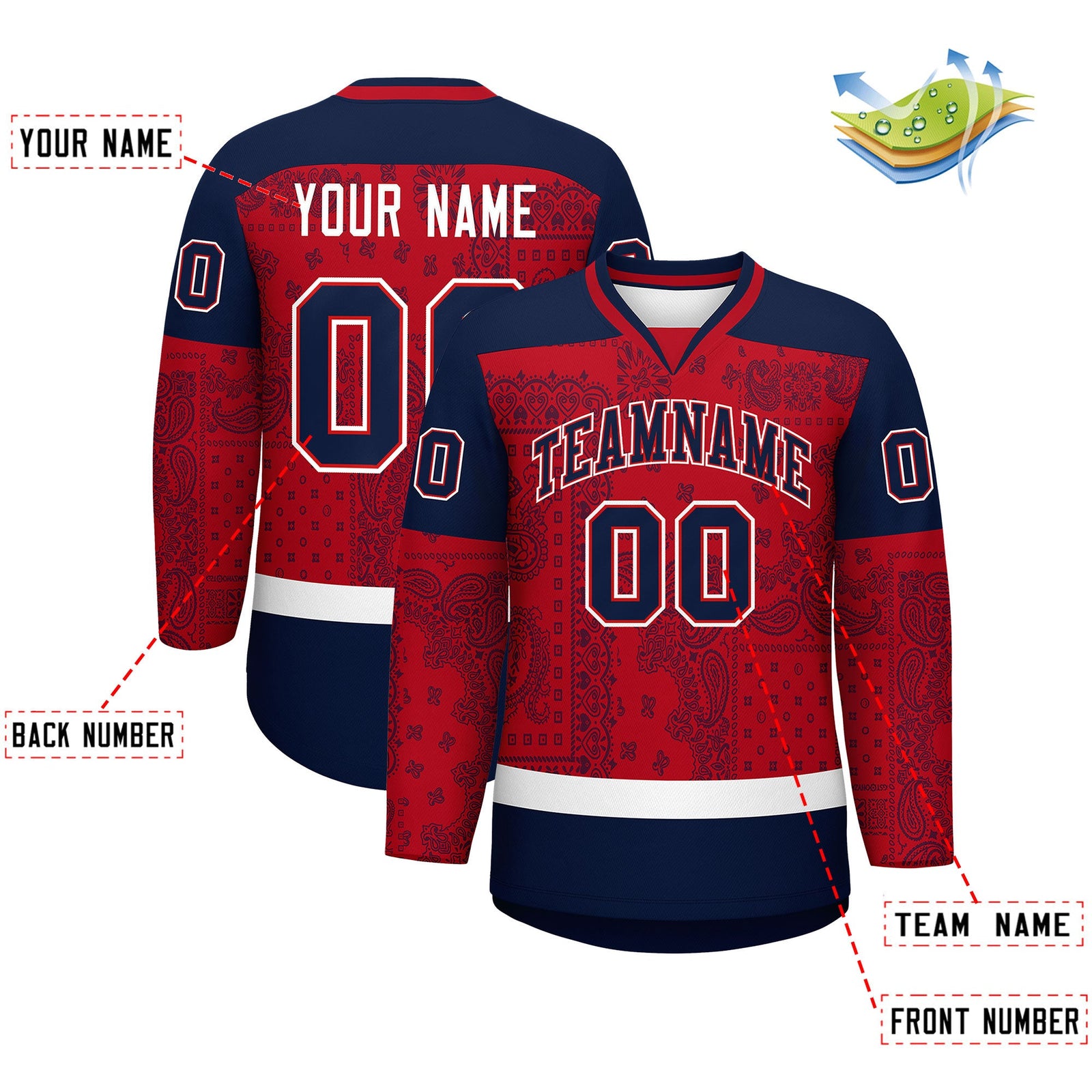 Custom Navy Red White Cashew Flower Graffiti Pattern V-Neck Hockey Jersey| KXKSHOP