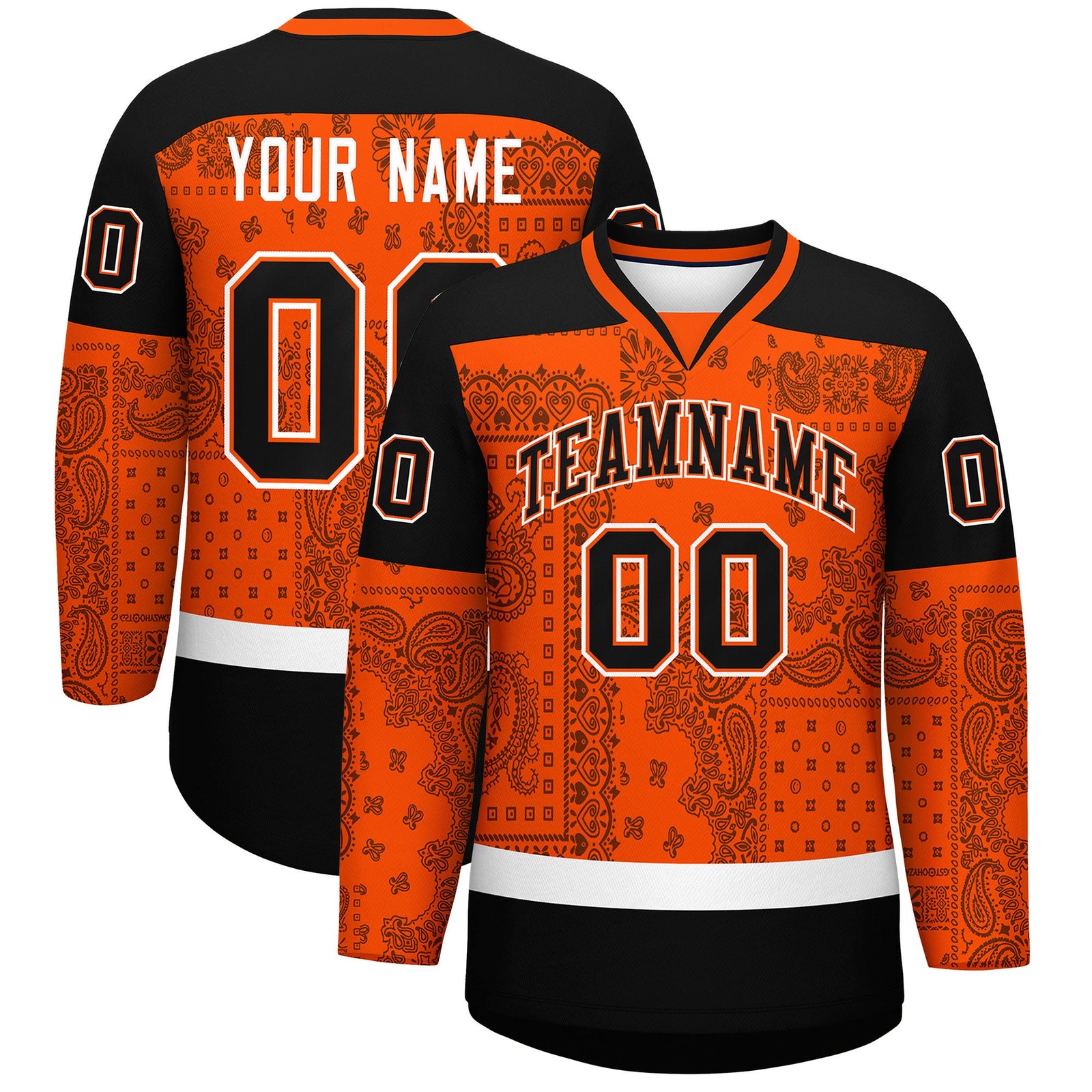 Custom Orange Black White Cashew Flower Graffiti Pattern V-Neck Hockey Jersey| KXKSHOP
