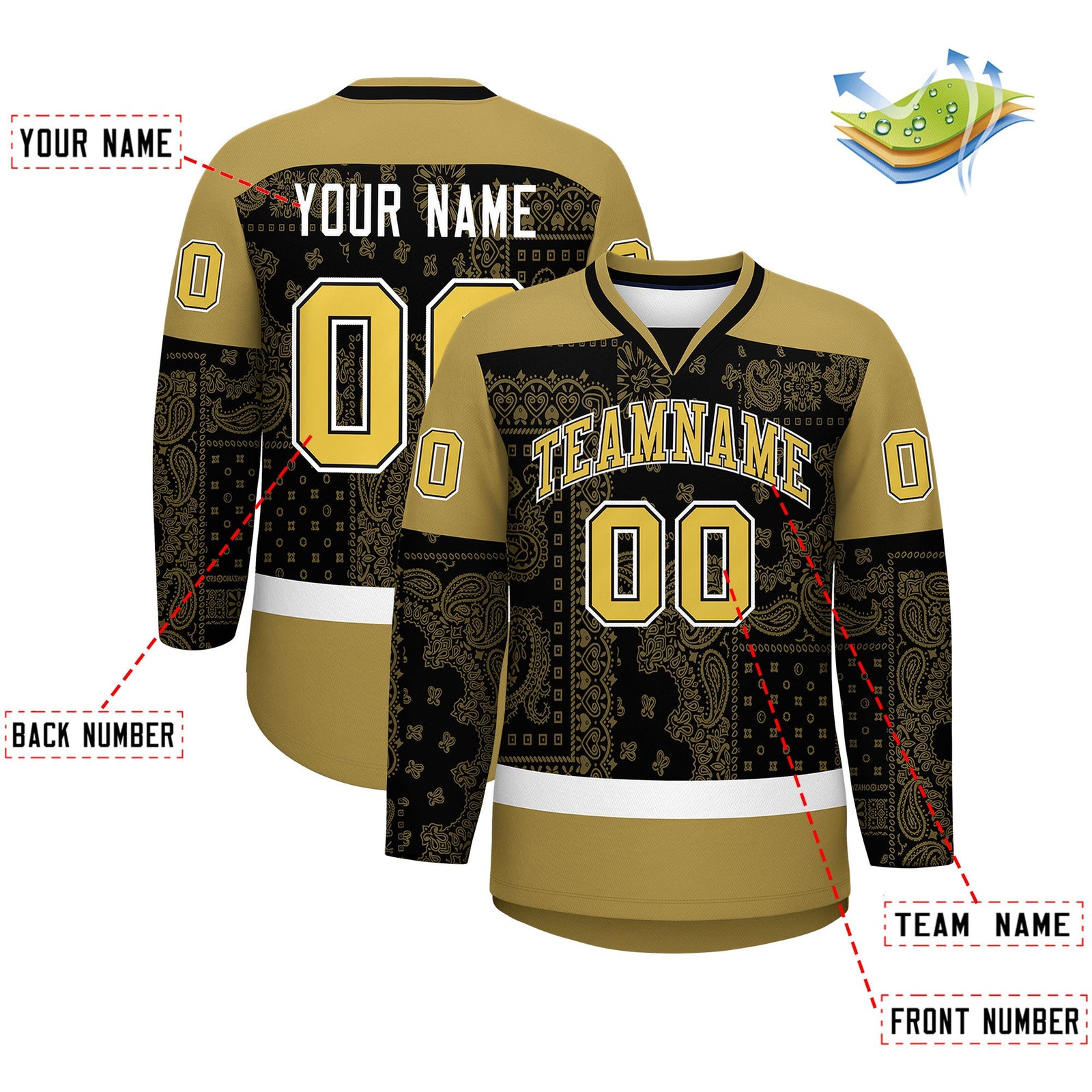Custom Old Gold Black White Cashew Flower Graffiti Pattern V-Neck Hockey Jersey| KXKSHOP