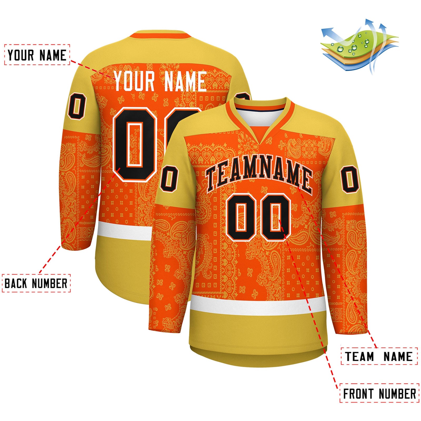 Custom Old Gold Orange White Cashew Flower Graffiti Pattern V-Neck Hockey Jersey| KXKSHOP