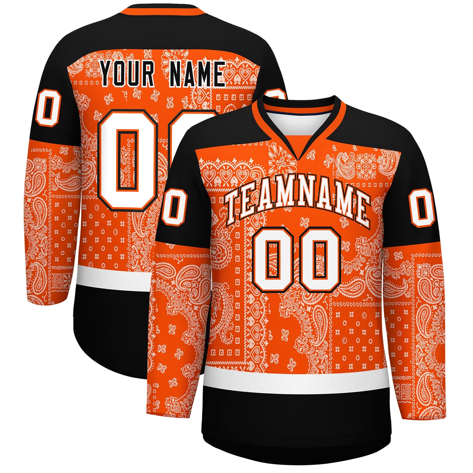 Custom Black Orange White Cashew Flower Graffiti Pattern V-Neck Hockey Jersey| KXKSHOP