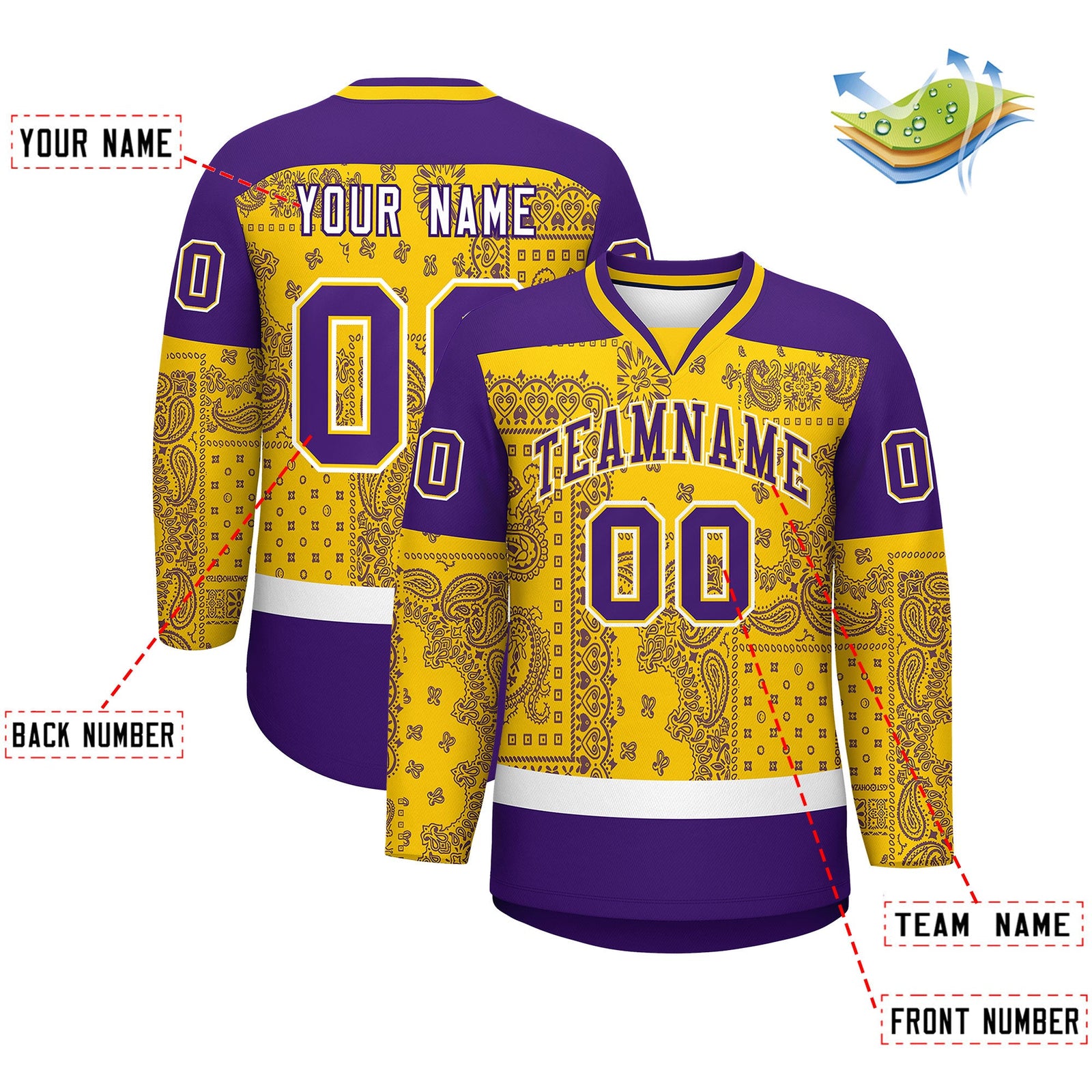 Custom Purple Gold White Cashew Flower Graffiti Pattern V-Neck Hockey Jersey| KXKSHOP