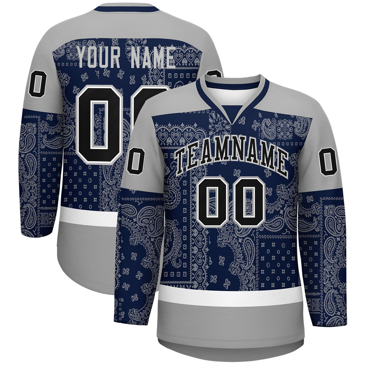 Custom Gray Navy White Cashew Flower Graffiti Pattern V-Neck Hockey Jersey| KXKSHOP