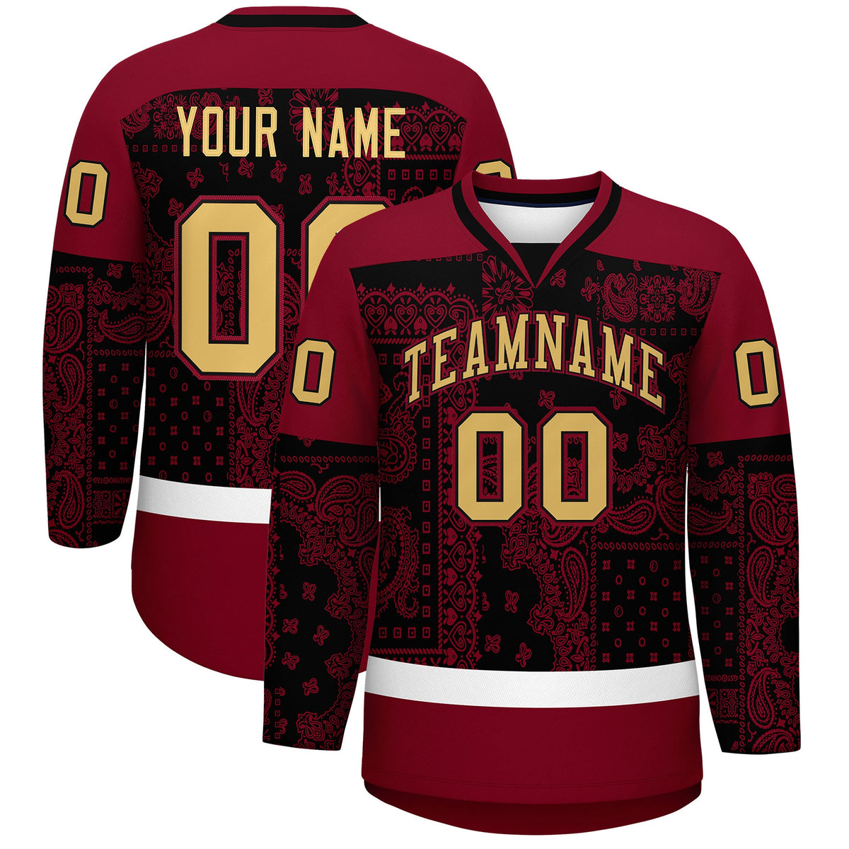 Custom Crimson Black White Cashew Flower Graffiti Pattern V-Neck Hockey Jersey| KXKSHOP